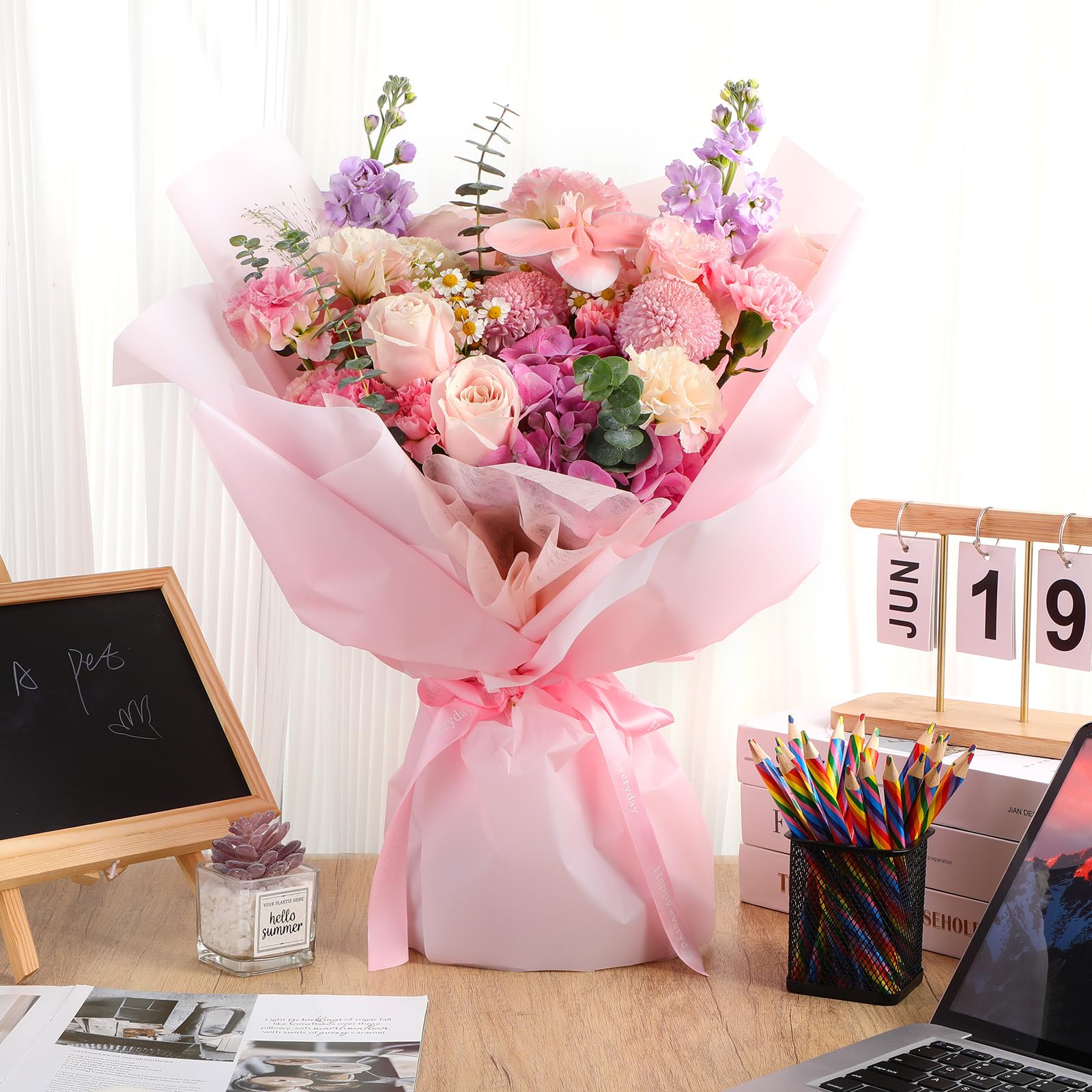 Ctosree 320 Blatt Blumen-Geschenkpapier, wasserdicht, Blumenverpackungspapier, Floristenstrauß, Zubehör, DIY, Handwerk, Geschenkverpackung, für Muttertag, Hochzeit, Festival, 60 x 60 cm (Rosa)