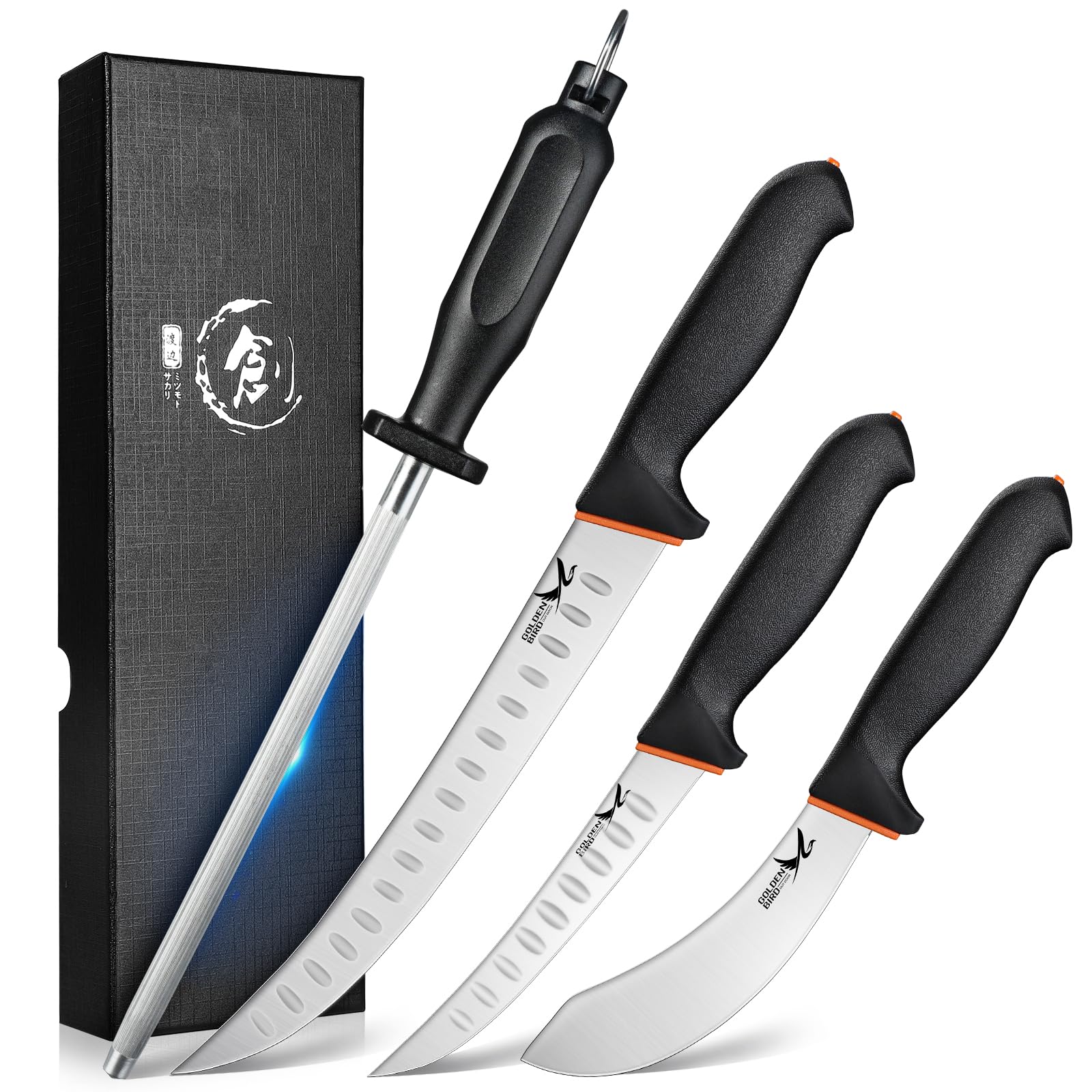Golden Bird Butcher Knife Set - 4 Piece Professional BBQ Knife Set Include 6" Boning, 6" Skinning, 10" Butcher Breaking Knives & 8" Sharpener Rod