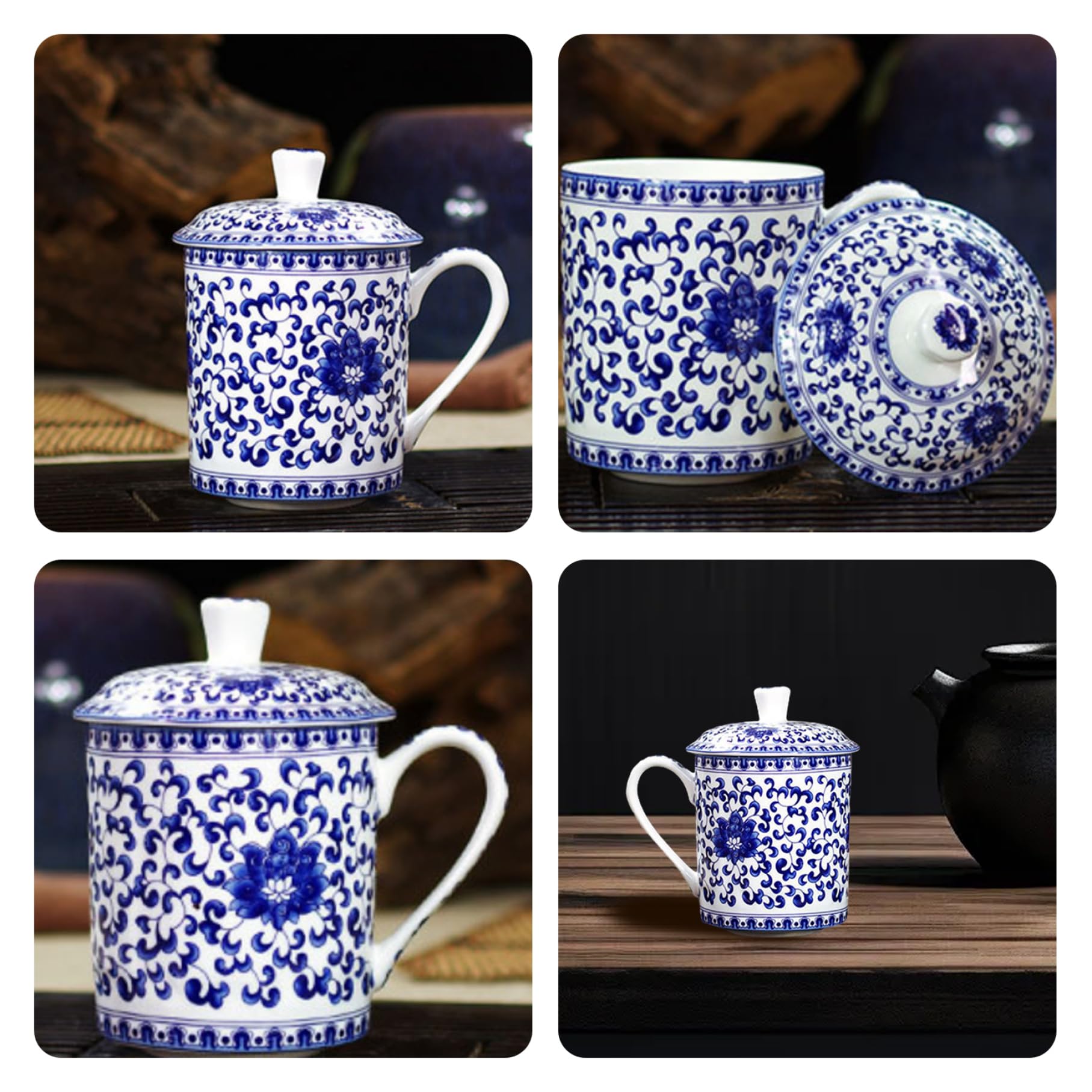 Tazza in Ceramica con Coperchio, Tazze da tè Cinesi, Tazza da tè Elegante in Ceramica Blu e Bianca di capacità da 500 ml con Coperchio e Manico per Ufficio Domestico a Foglie sfuse
