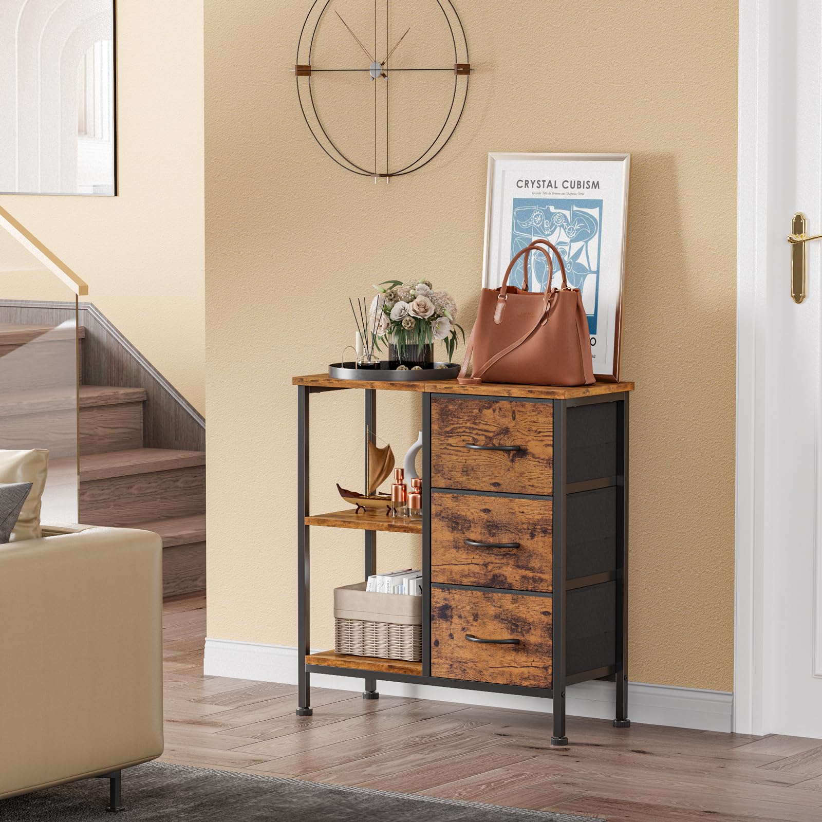 Furnulem Small Dresser for Bedroom, 3 Drawer Nightstand with 3-Tier Shelf, Beside Table for Hallway, Fabric dresser Storage Organizer for Living Room, Closet, Wooden Top(Rustic Brown)