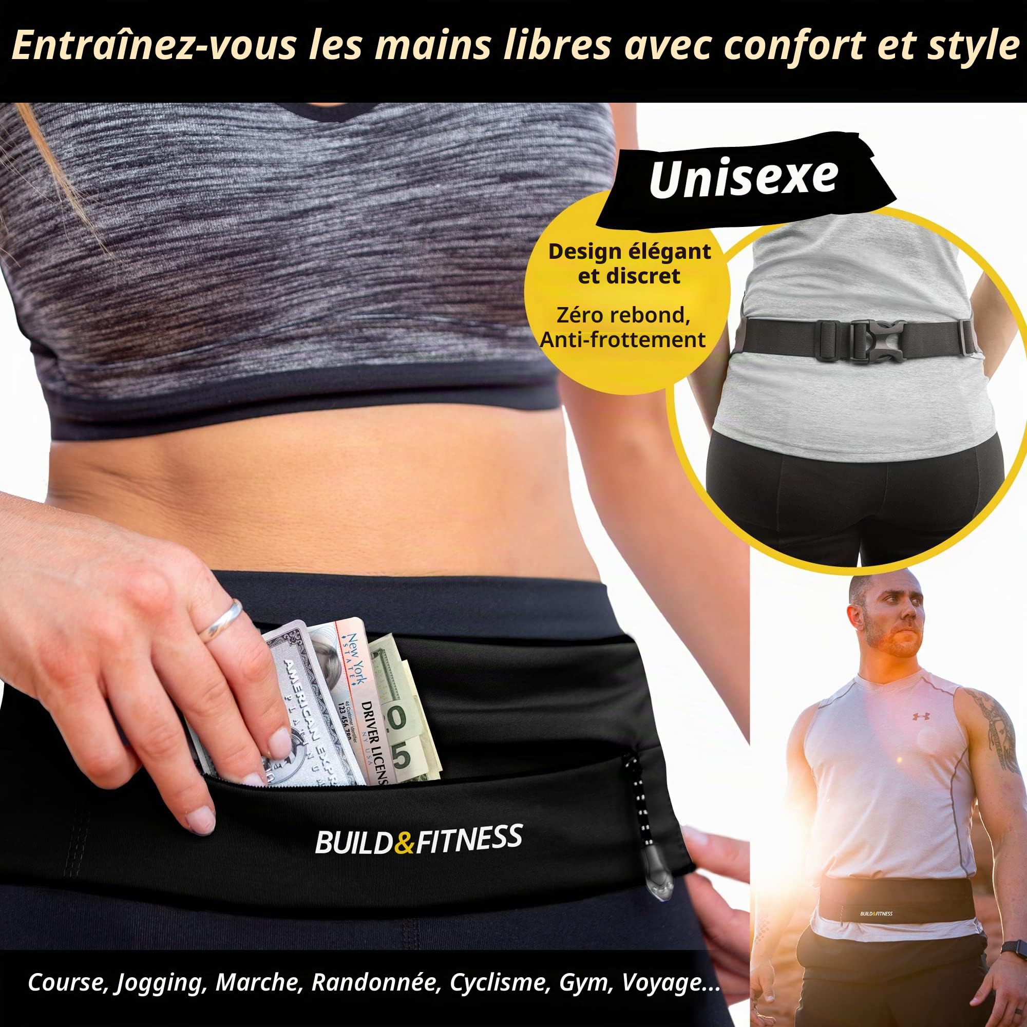Build & Fitness Sac Banane – Taille Ajustable, Fermeture éclair YKK Pochette Smartphone – Convient à Tous Les Téléphones, Clés, Cartes, Airpods - Marche,Yoga, Ceinture Course A Pied Hommes et Femmes