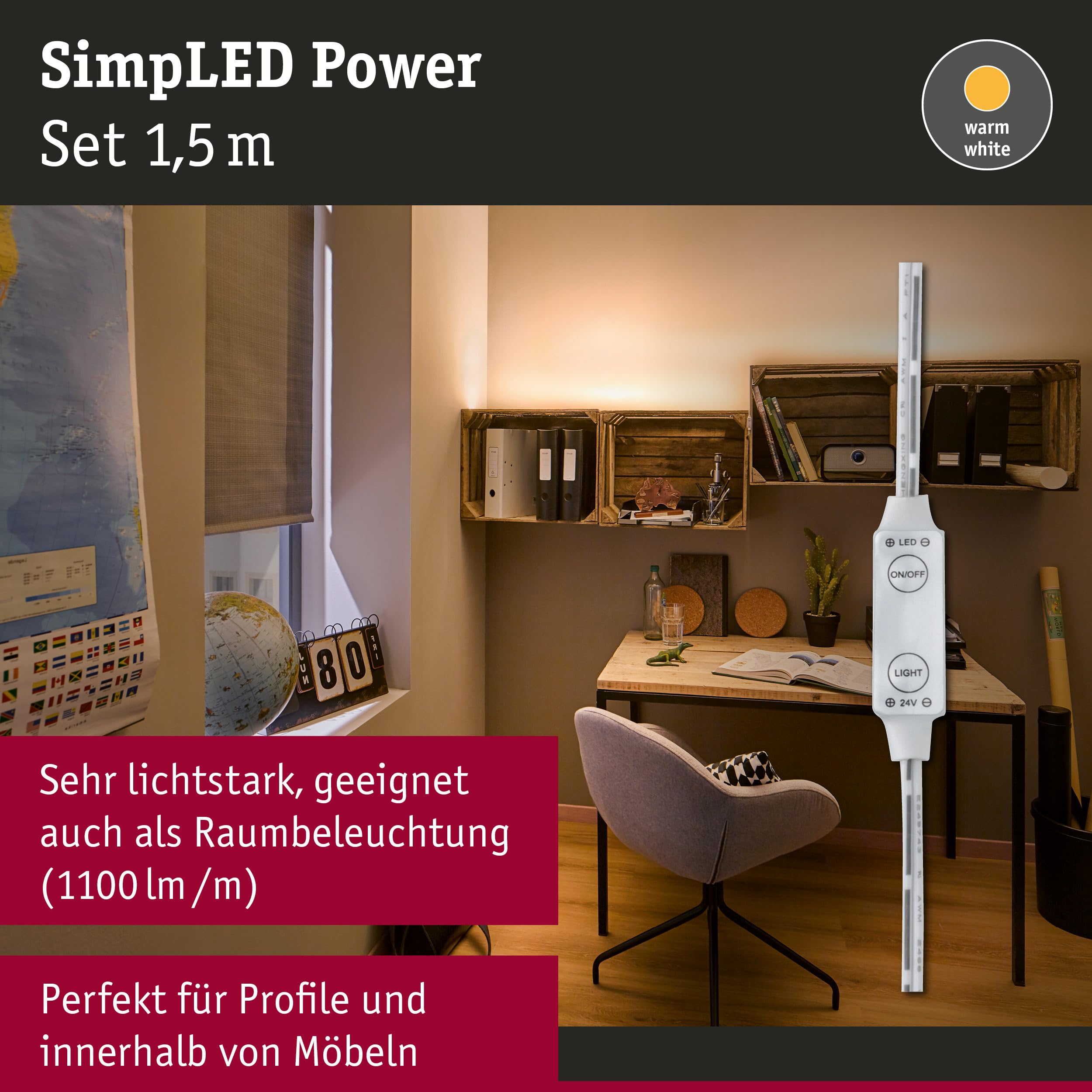 Paulmann 78955 Strip LED SimpLED alimentazione con dimmer su cavo da 1,5m 1100lm/m incl. 1 dimmerabile da 17 W IP44 bianco striscia luminosa 3000K