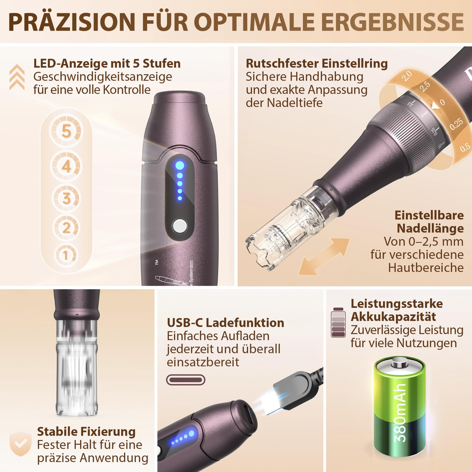 P-Beauty -Ultima A10 Microneedling Gerät, Derma Pen kabellos, USB-C, 5 Stufen, 0-2,5mm, inkl. 2 Kartuschen Anti Aging, Anti Falten, Gesichtspflege, Hautpflege für Hautbild & Poren