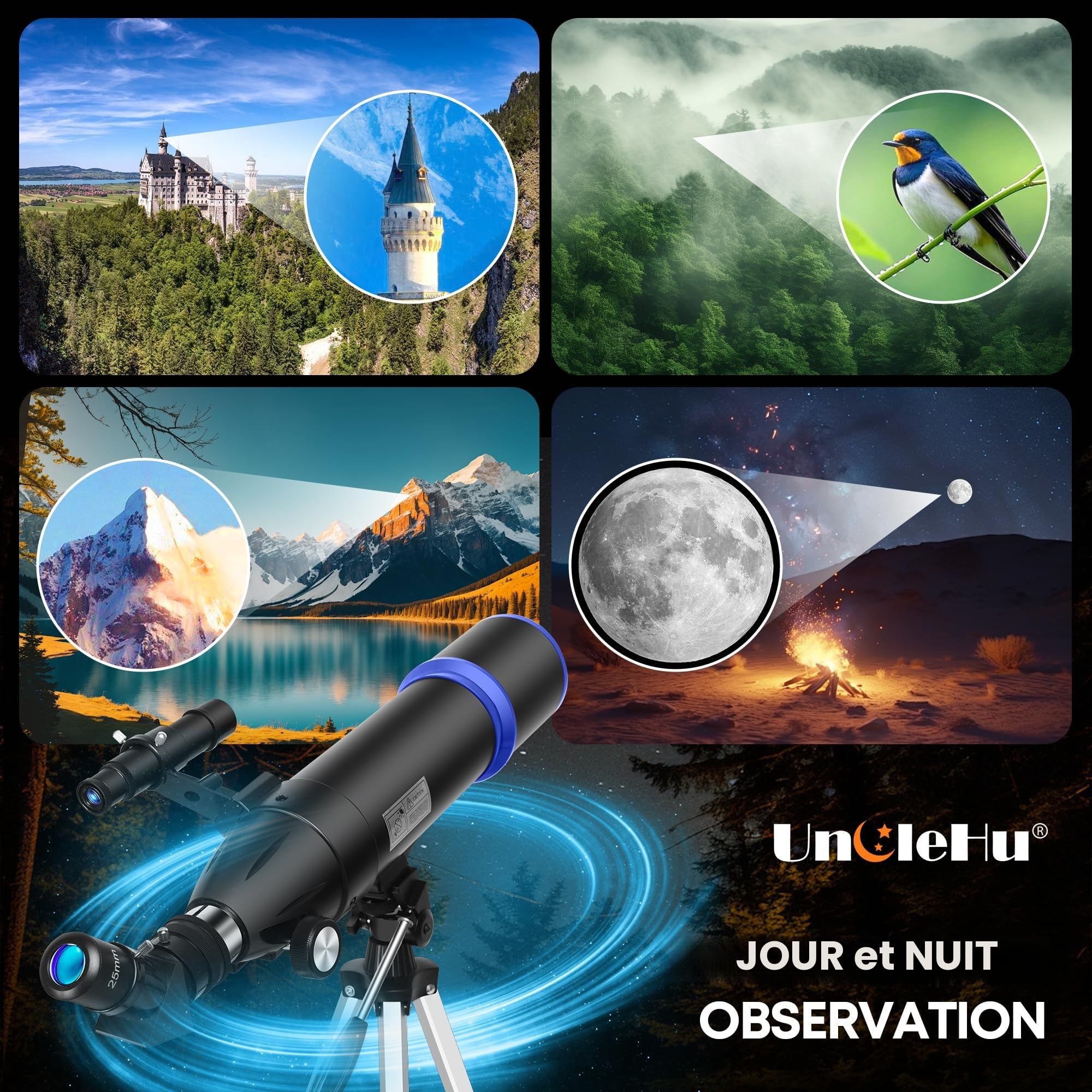 Télescope d'astronomie pour enfants&adultes débutants, 24x-180x, télescope réfracteur astronomique professionnel 80mm d'ouverture/600mm, télescope de voyage portable pour observation terrestre&lunaire