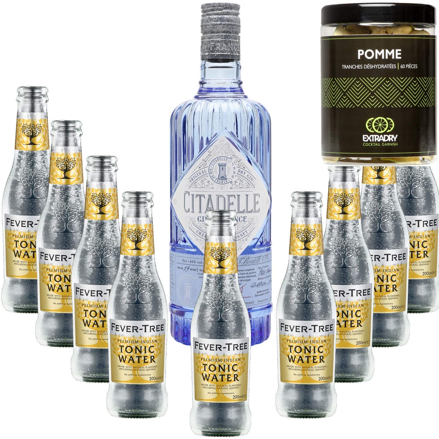 Paquete GINTONIC - Gin Citadel Clásica + 9 Fever Tree Premium Indian Agua - (70cl + 9 * 20 cl) + Pot 60 trozos de manzana deshidratados