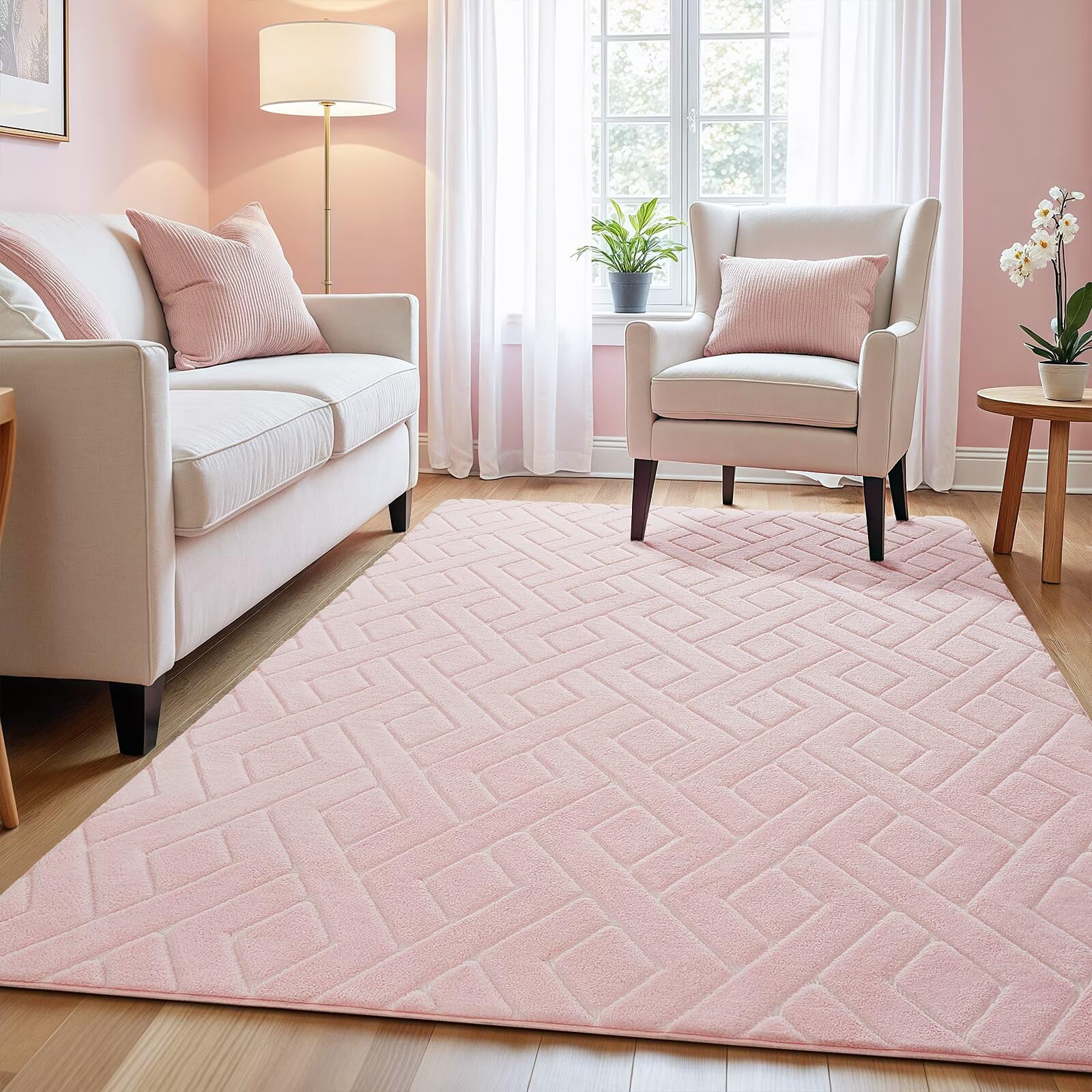 Macgace Ultra Soft Pink Area Rug for Girls Bedroom, 4x6 Modern Geometric Shag Rugs with Nonslip Backing for Living Room, Washable Fuzzy Carpet for