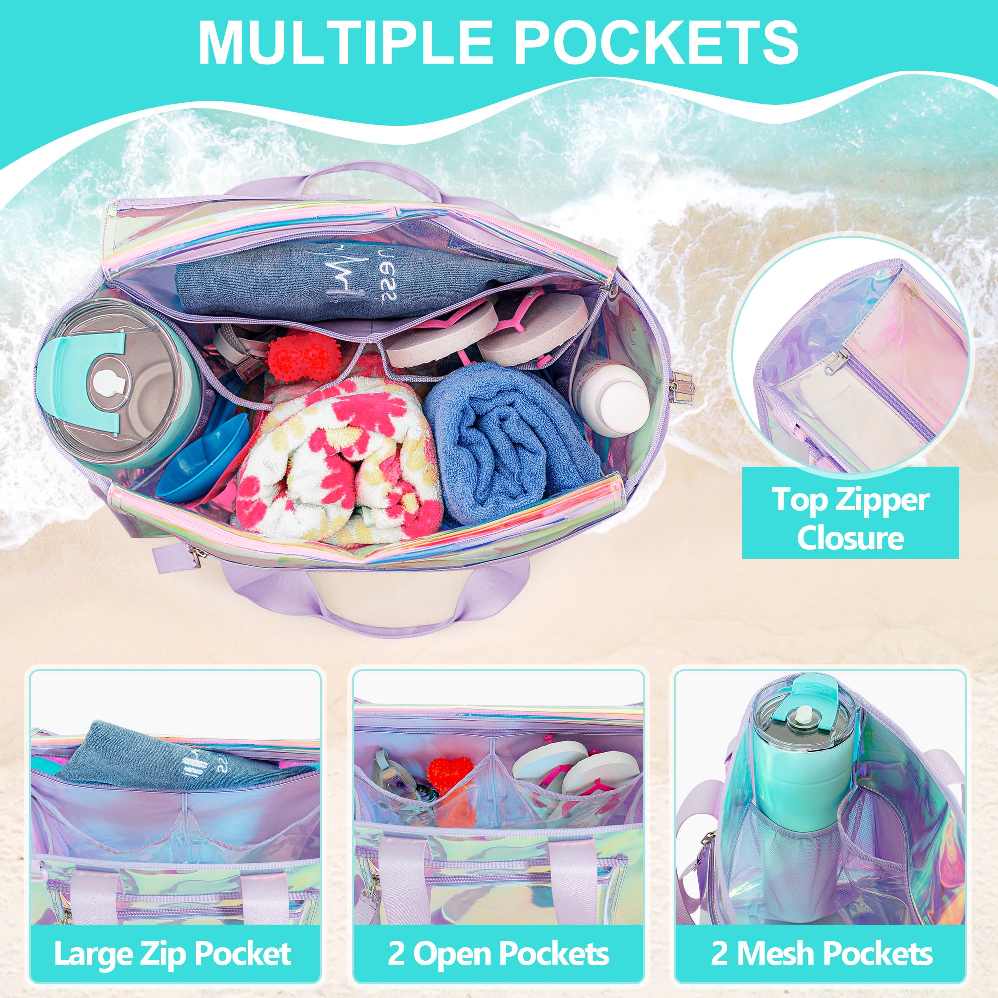 Yarwo Grand Sac de Plage Iridescent avec Poche Téléphone, Transparent | Avec Fini Irisé, Poche Devant pour Téléphone, Poches Intérieures et Grand Format Léger pour Plage, Piscine et Yoga