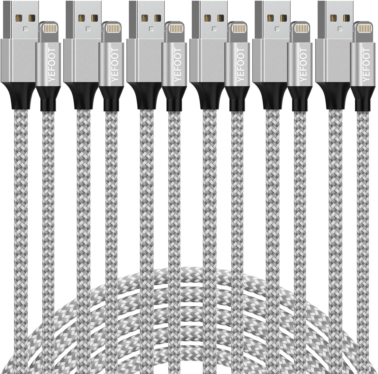 [Apple MFi Certified] 6Pack[3/3/6/6/6/10ft] iPhone Charger Lightning Cable Compatible iPhone 14ProMax/14Pro/14/14Plus/13Pro/13/12Pro/12/11 and More-Silver&White