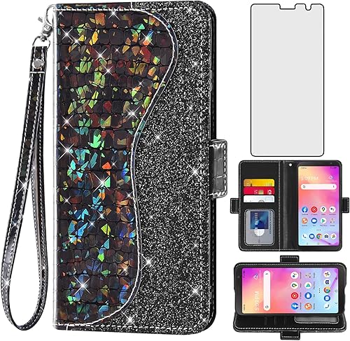 Asuwish Funda de teléfono para Alcatel TCL A3 A509DLA30 Funda tipo cartera con protector de pantalla y tarjetero abatible con purpurina para célula