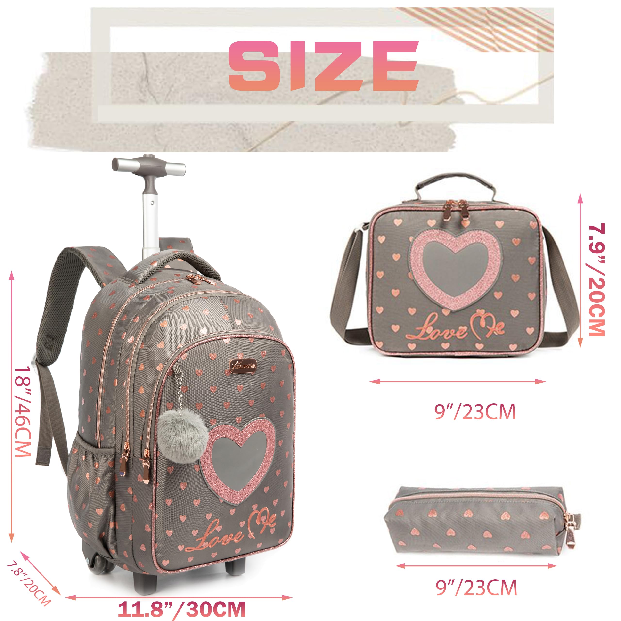 HTgroce Mochilas Escolares Niña con Ruedas, Mochilas Trolley Escolares con Bolsa de almuerzo Estuche escolar