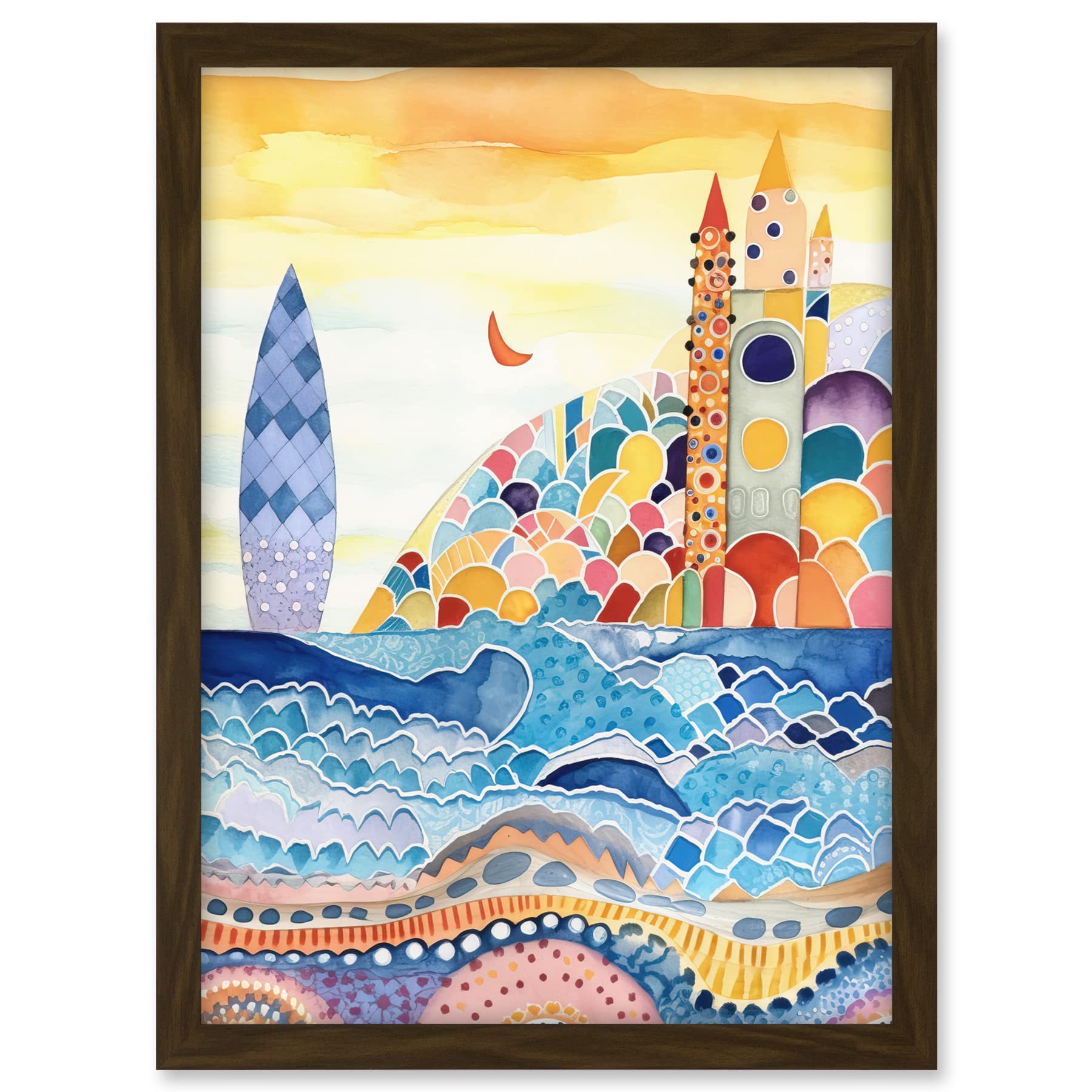 Artery8 Abstract Seascape Waves On Beach Folk Art Bathroom Artwork Framed A3 Wall Art Print
