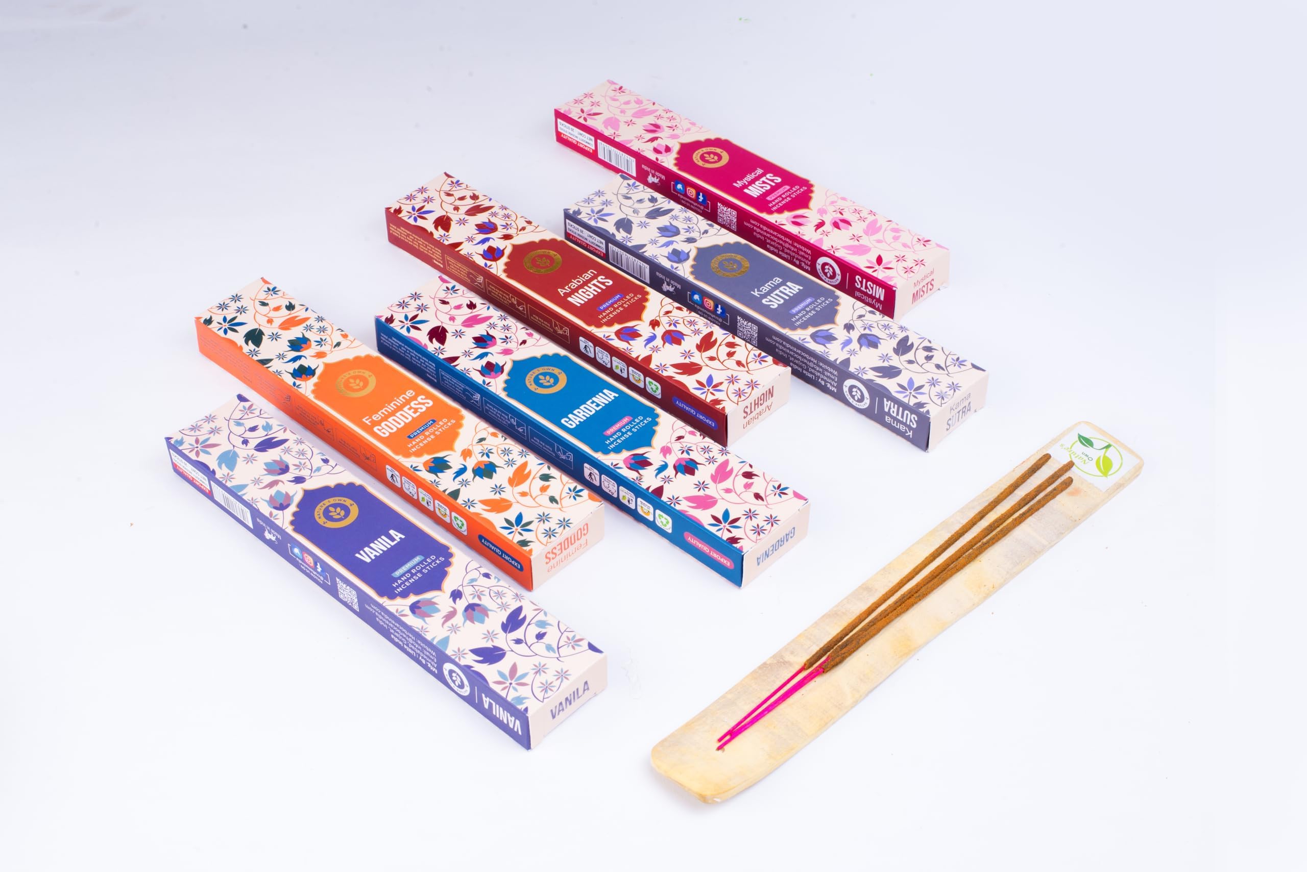 Nature's Own Incense Sticks Gift Pack – 6 Fragrances x 20 Sticks Each, Hand Rolled Insents with Free Incense Holder - Vanilla, Feminine Goddess, Gardenia, Arabian Nights, Karma Sutra, Mandarin Mists