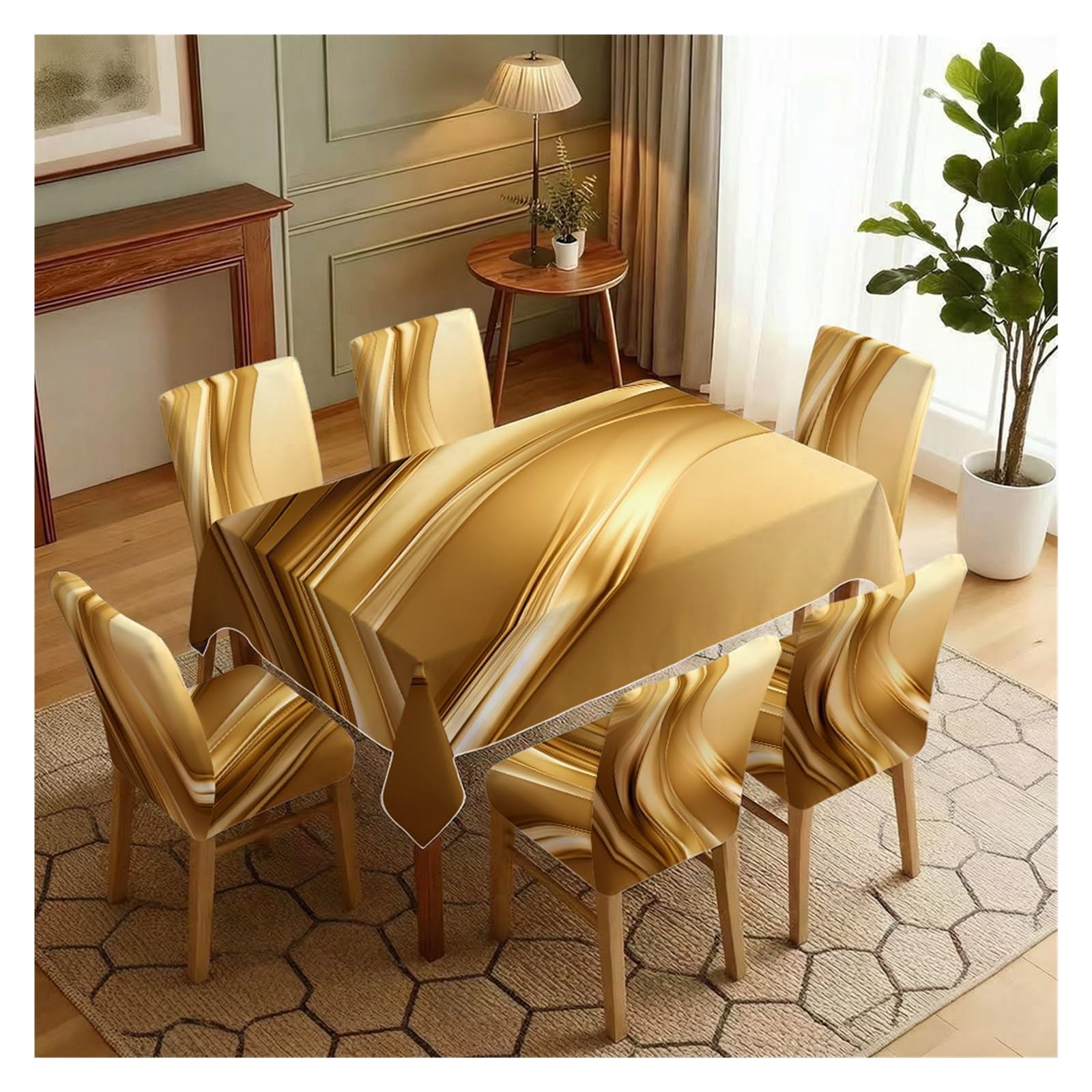 BOSUYBN Golden Wave Geometric Printed Dining Tablecloth & Chair Covers Set, 5/7 Piece Luxury Modern Home Decor Table Setting(7pcs Set: Tablecloth+Chair Covers)