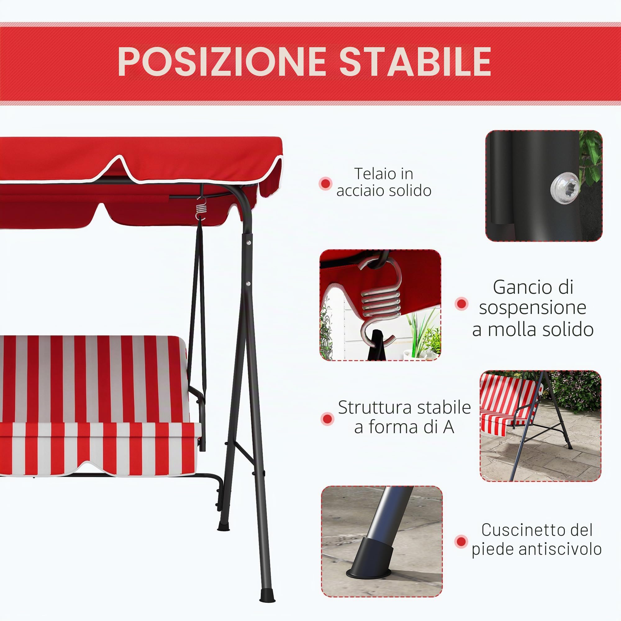 Outsunny Dondolo da Giardino a 3 Posti in Acciaio e Poliestere, Reclinabile Regolabile con Cuscini Seduta e Schienale, Tettuccio Parasole, 1,72 x 1,1 x 1,53 m, Nero e Rosso