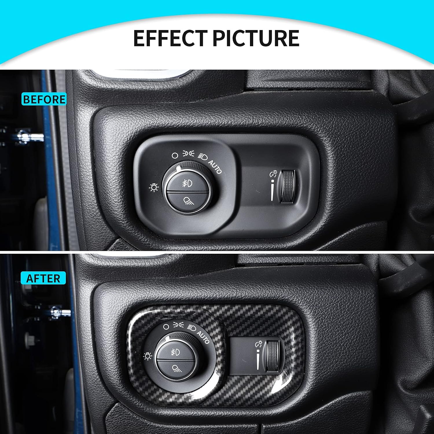 JeCar Headlight Switch Button Cover Trim for 2018-2023 Dodge RAM 1500 Carbon Fiber Interior Accessories