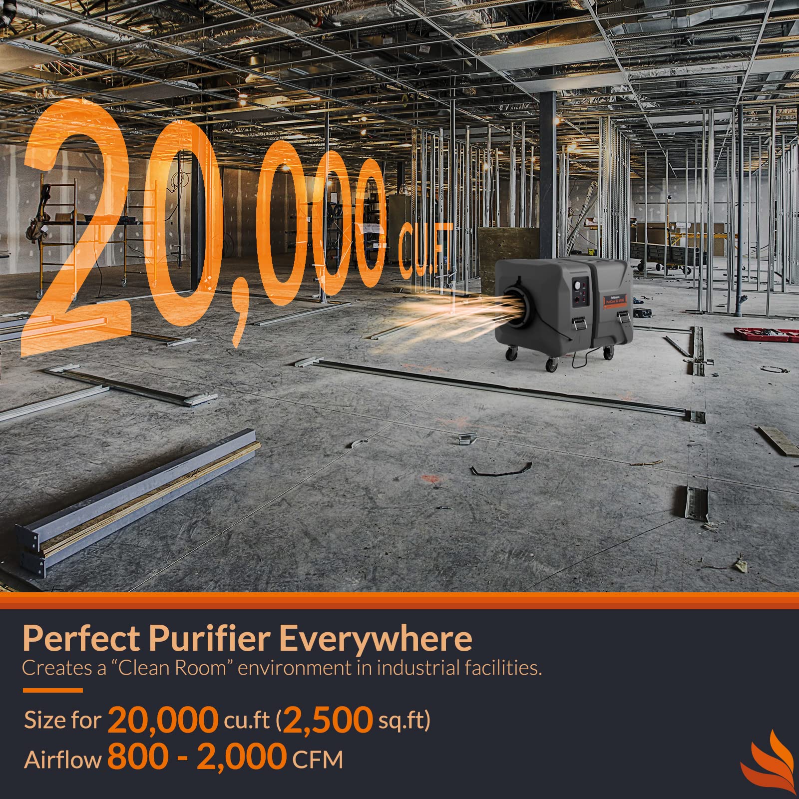 PURISYSTEMS 2000 CFM Industrial Air Filtration System, 4 Stage Commercial Air Scrubber, Buit-in UV-C Light & Ionizer for Water/Fire Damage Restoration, Renovation, Construction Use