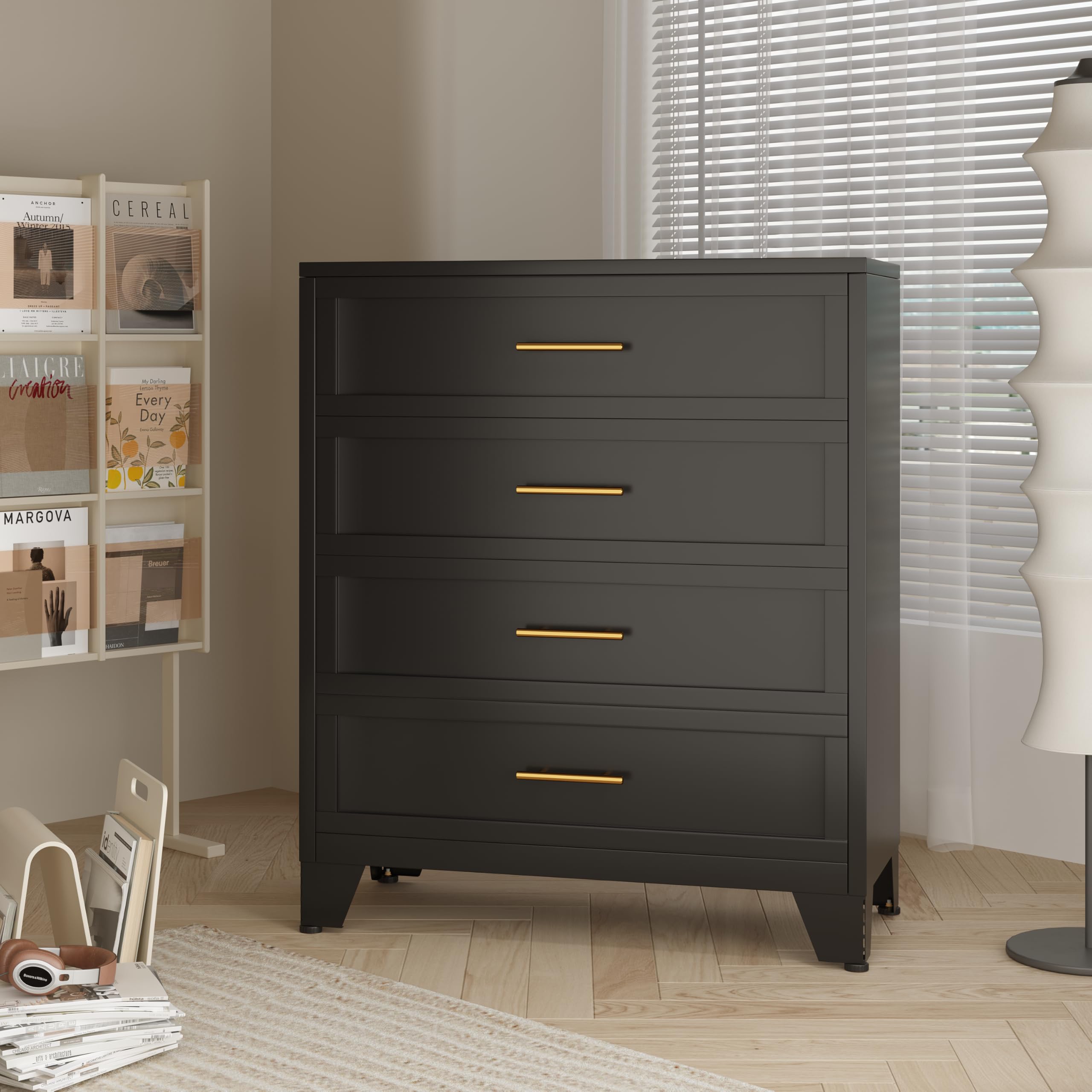 4 Schublade Metall Datei Schrank, hohe breite Tiefe Kommode Schrank, Aufbewahrungsschrank mit Schublade Organizer Einheit für Kleidung, Schlafzimmer, Wohnzimmer, Flur, Eingang, Schwarz