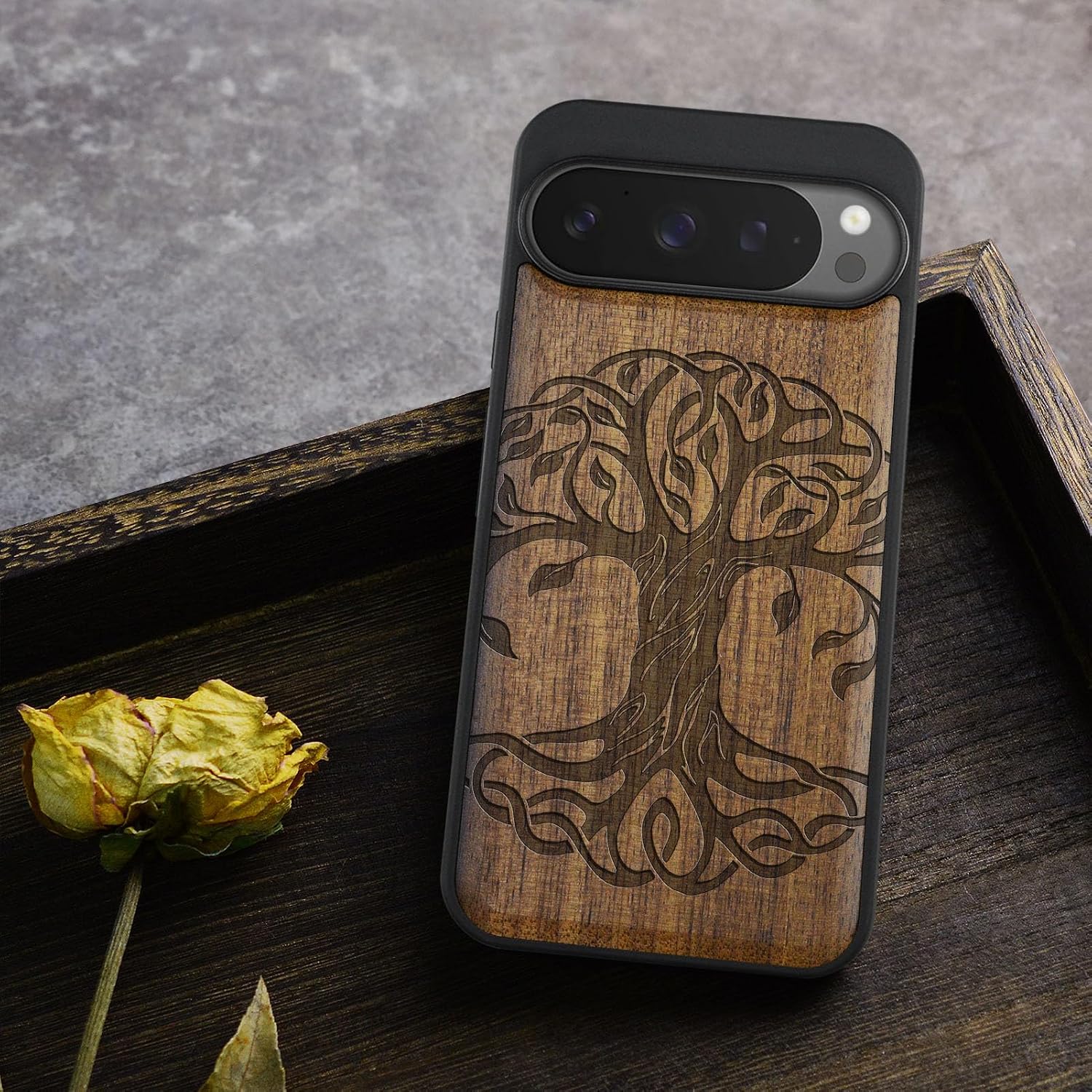 Carveit Magnetic Wooden Case for Pixel 9 Pro Google 9 Pro Case, Wood Artisan Engraved & Soft TPU Shockproof Cover, Compatible with MagSafe Wireless Chargers (The Celtic Tree of Life) Walnut