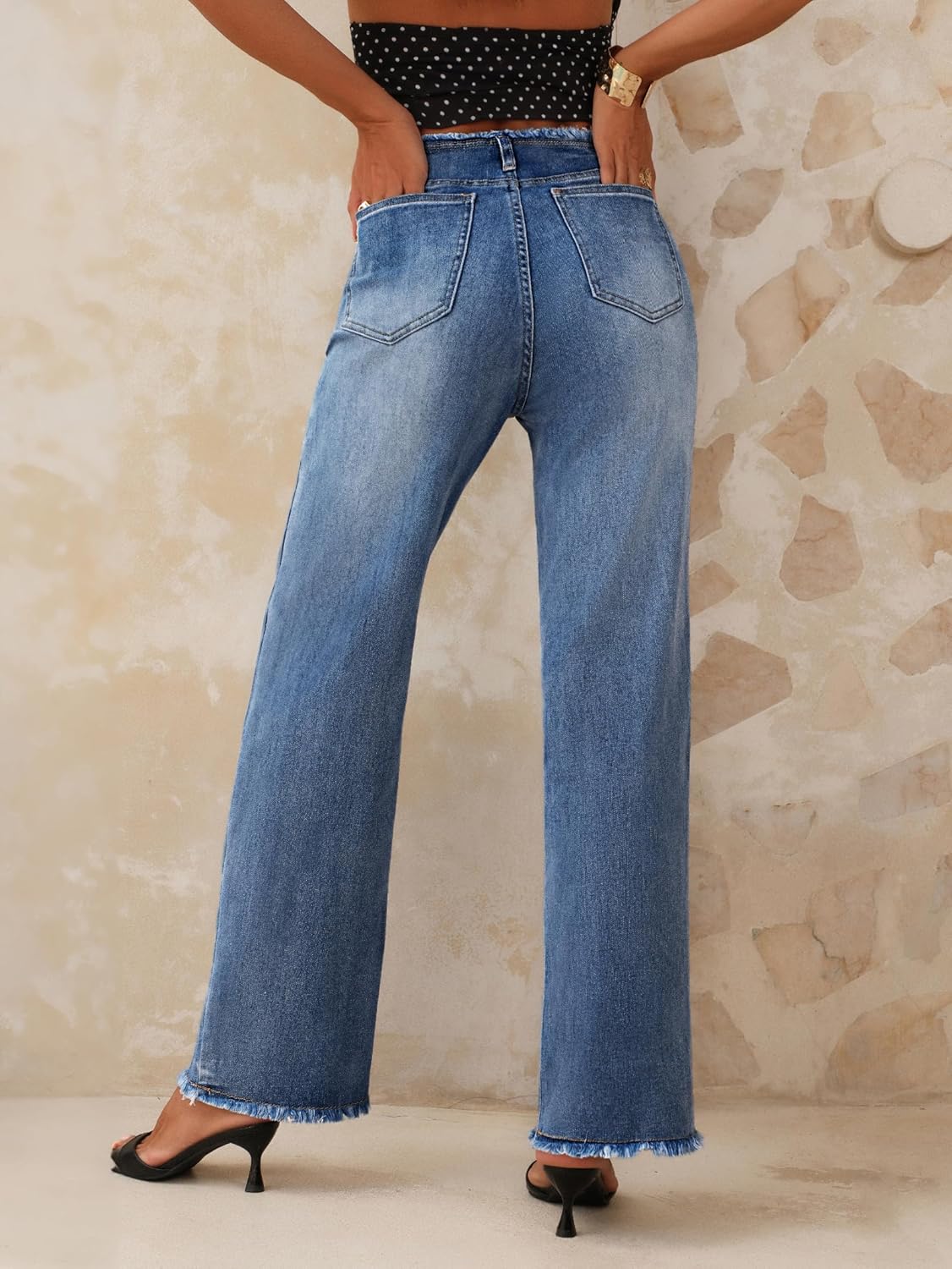 Emmiol Women Wide Leg Jeans Tummy Control Waisted Straight Stretchy Denim Pants with Pockets - Image 4