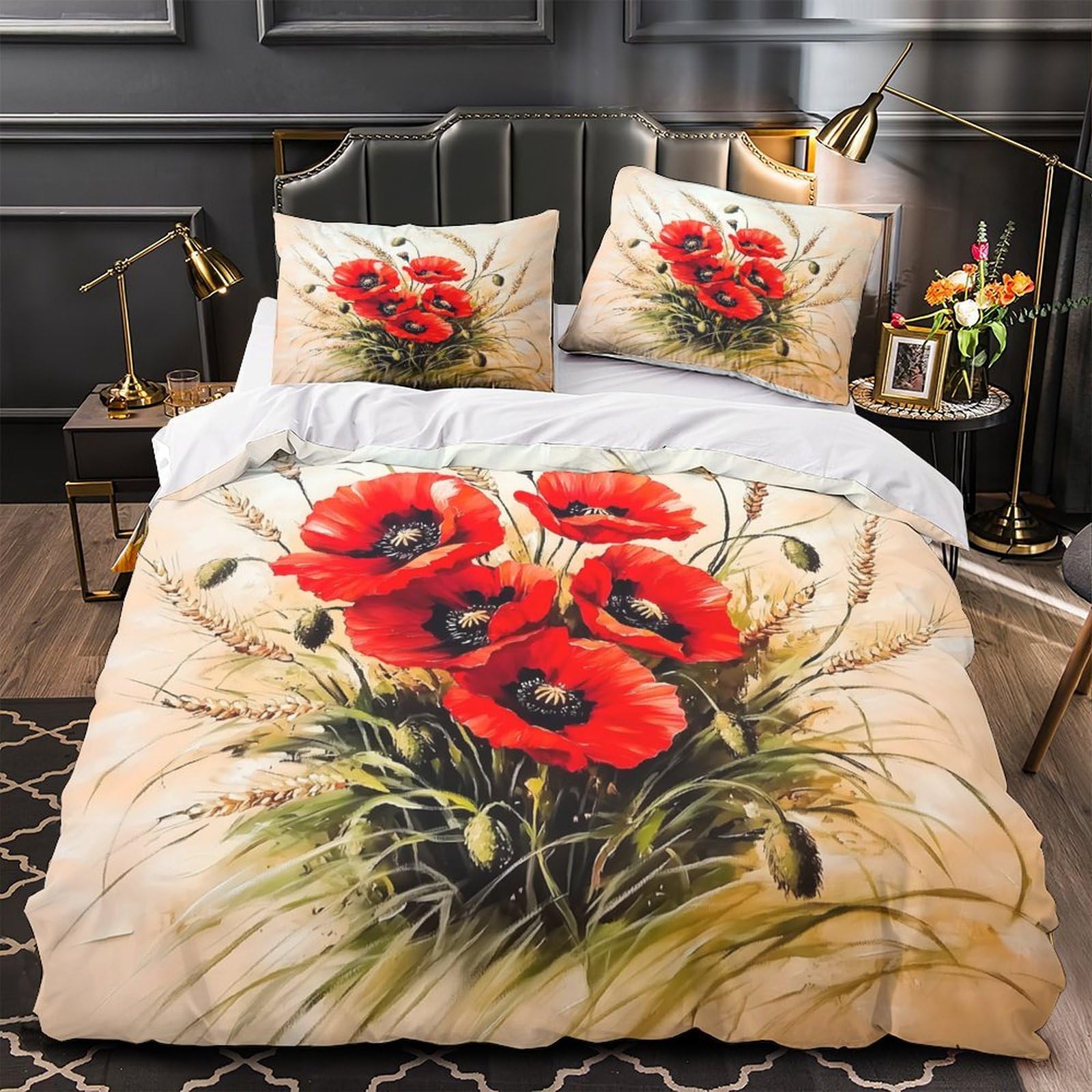 MMDASBVPE Red Poppies Comforter Cover 3D Print Hypoallergenic 3PCs Bed Linen Hidden Zipper Floral Painting Duvet Cover Extra Soft Breathable for Teens Youth Adults Women Kids Boys King（220x240cm）