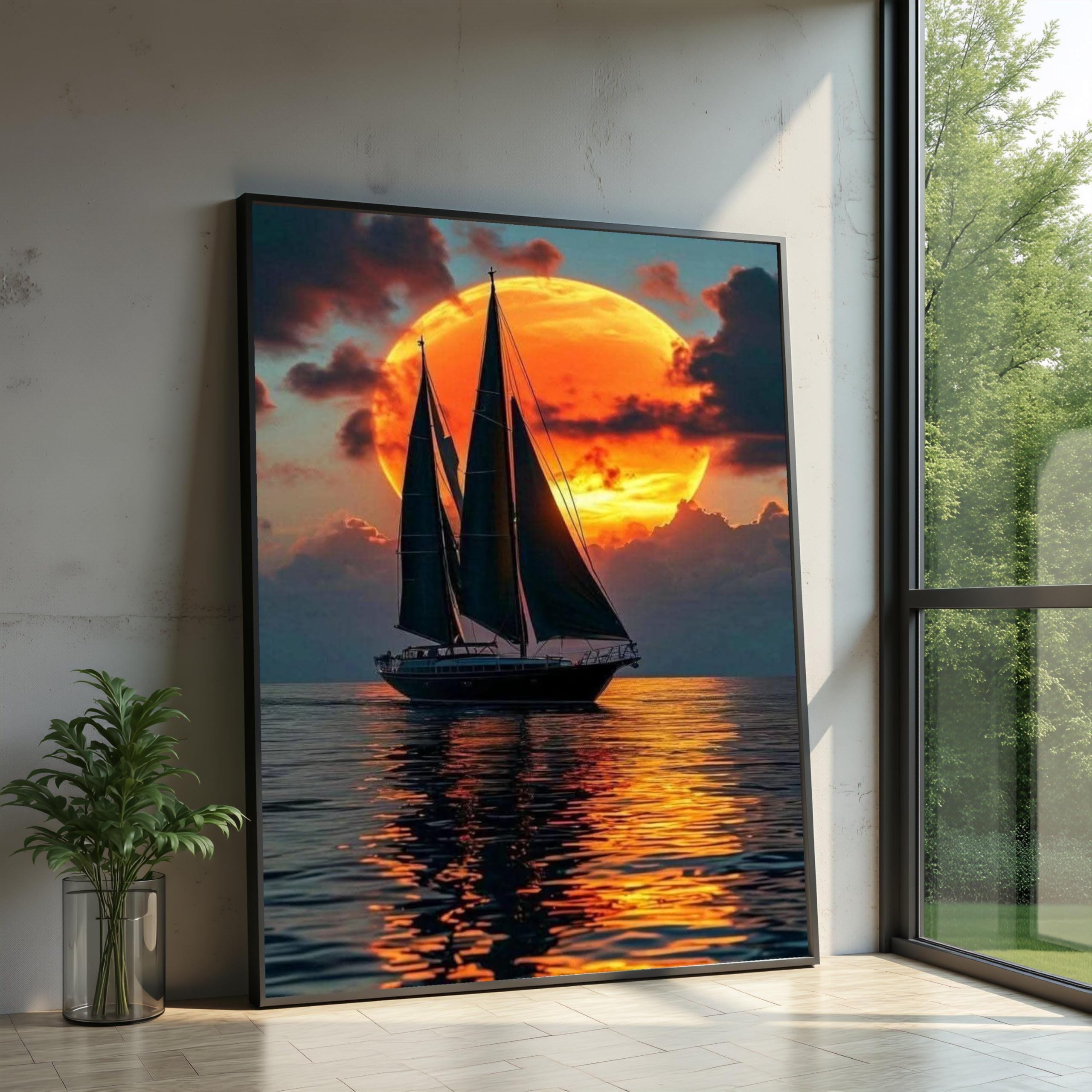 TONGYINLI Sunset Sailboat Canvas Wall Art, Ocean Reflection Canvas Prints, Nautical Home Decor, Large Sunset Landscape Painting(30x40cm/Frameless)