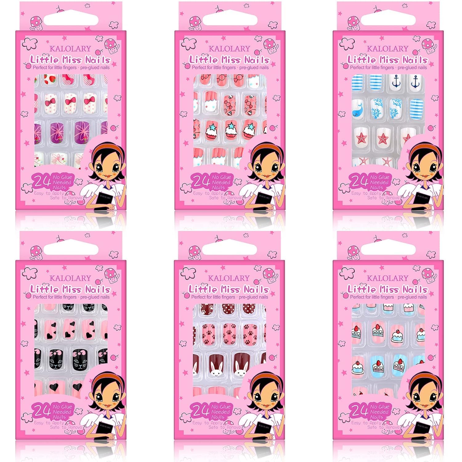 Kalolary 144 PCS uñas postizas para niños, múltiples patrones coloridos, kits de uñas postizas cortas