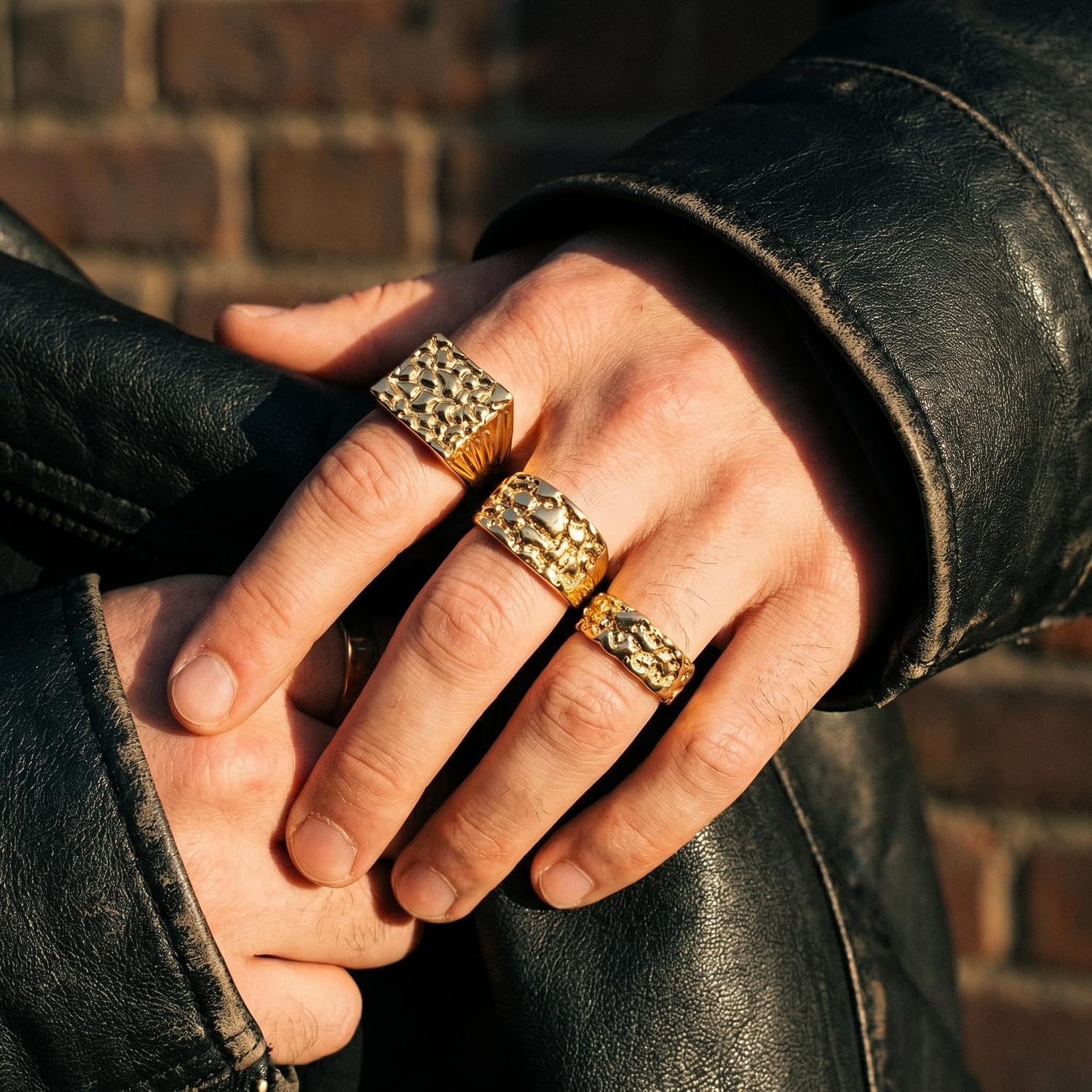 3-Piece Gold Rings for Men Chunky Hammered Texture Band