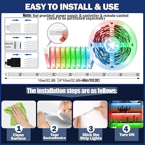 Miniatura 8 de Tira de luces LED de 32.8 pies, 5050 RGB que cambian de color con control remoto IR de 24 teclas y fuente de alimentación, kit de tira de luz LED
