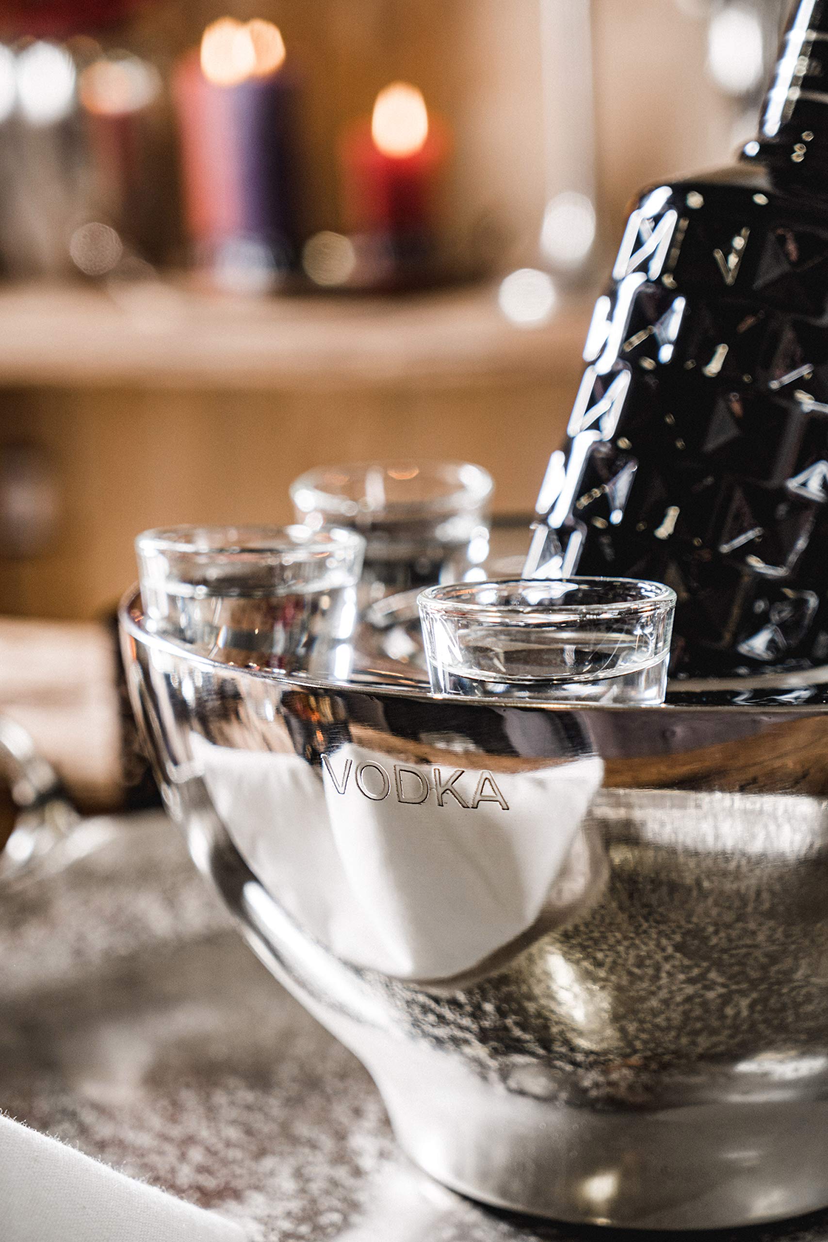 Wodkakühler Wodka Spirituosen Kühler "VODKA" Edelstahl + 6 Shotgläsern Silber, Flaschenkühler Getränkekühler, Party Geschenk 25x25x14 cm