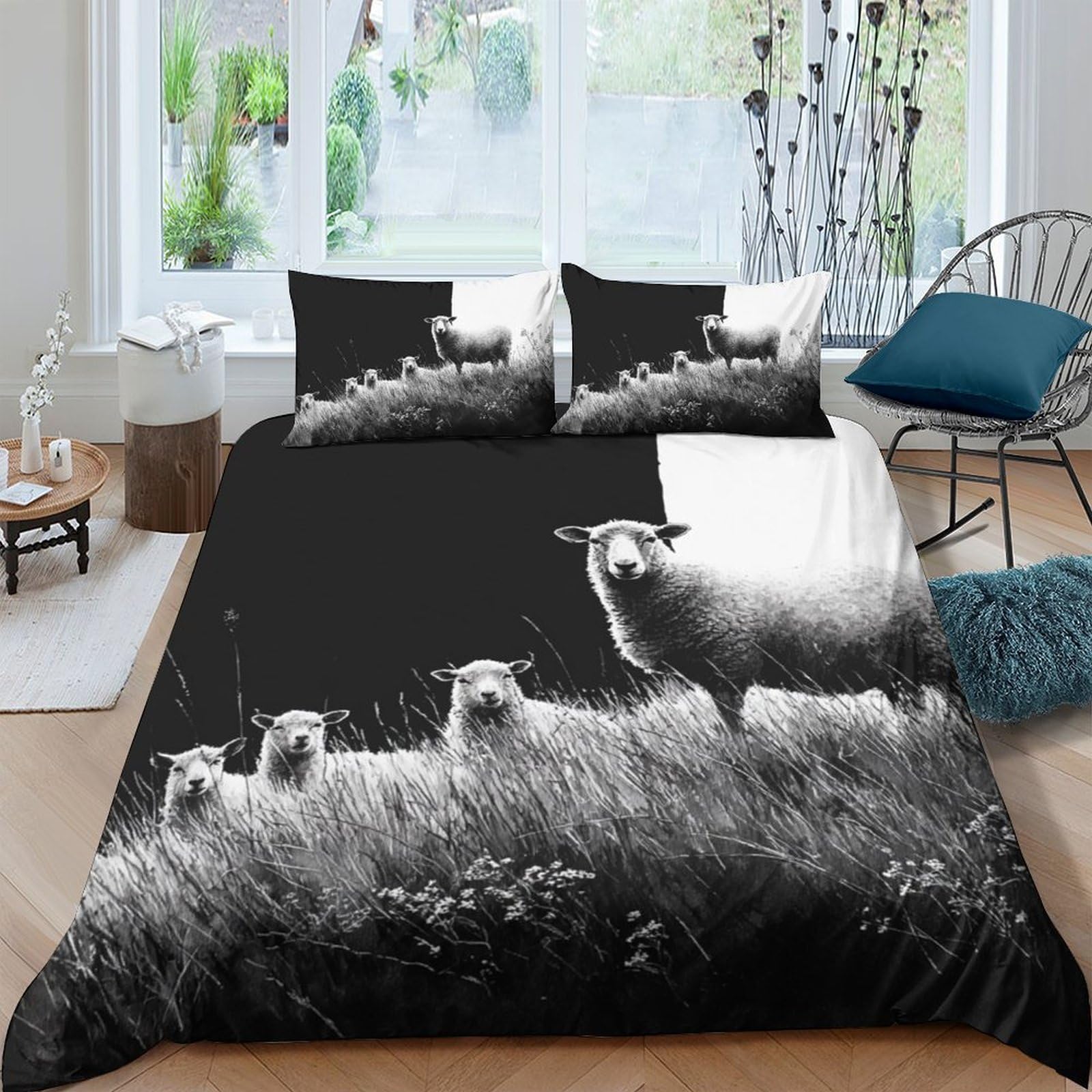 Ctjqhvkz Style-6 3D Printed Sheep Meadow Fitted Sheet Microfiber Soft Black White Pastoral Mattress Cover For Bedroom Guest Room Decor Single（135X200cm）