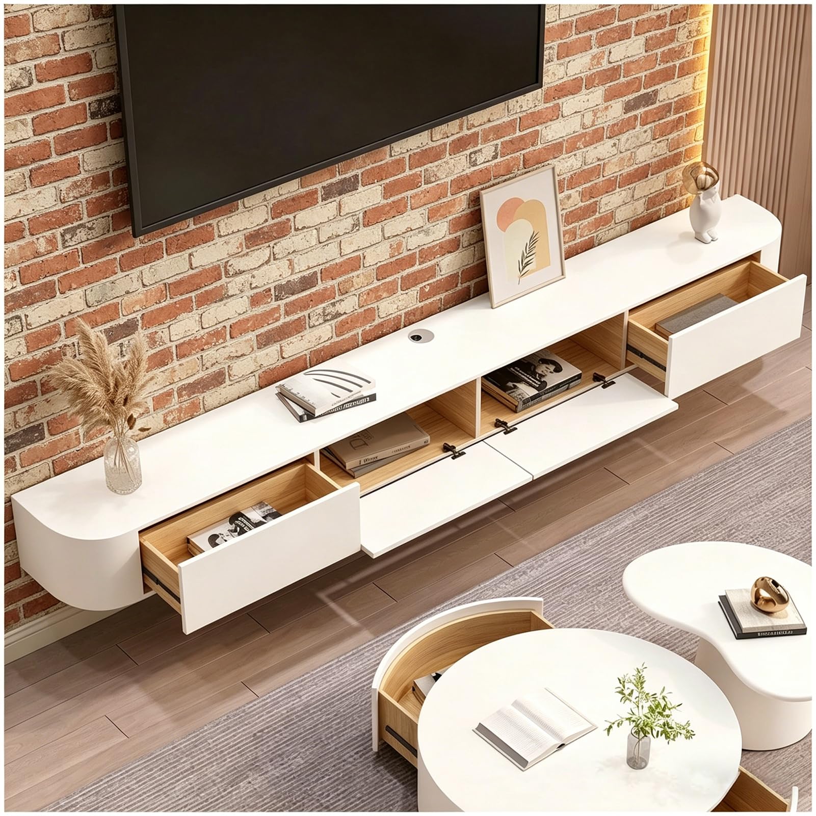 Weiß TV-Schrank,Fernsehtisch Hängend mit 2 Schublade,1 Türen,140 cm lang,TV Lowboard für Fernseher bis zu 60 Zoll,TV Tisch,Hängeboard Schwebend,TV Board hängend,für Wohnzimmer,Schlafzimmer