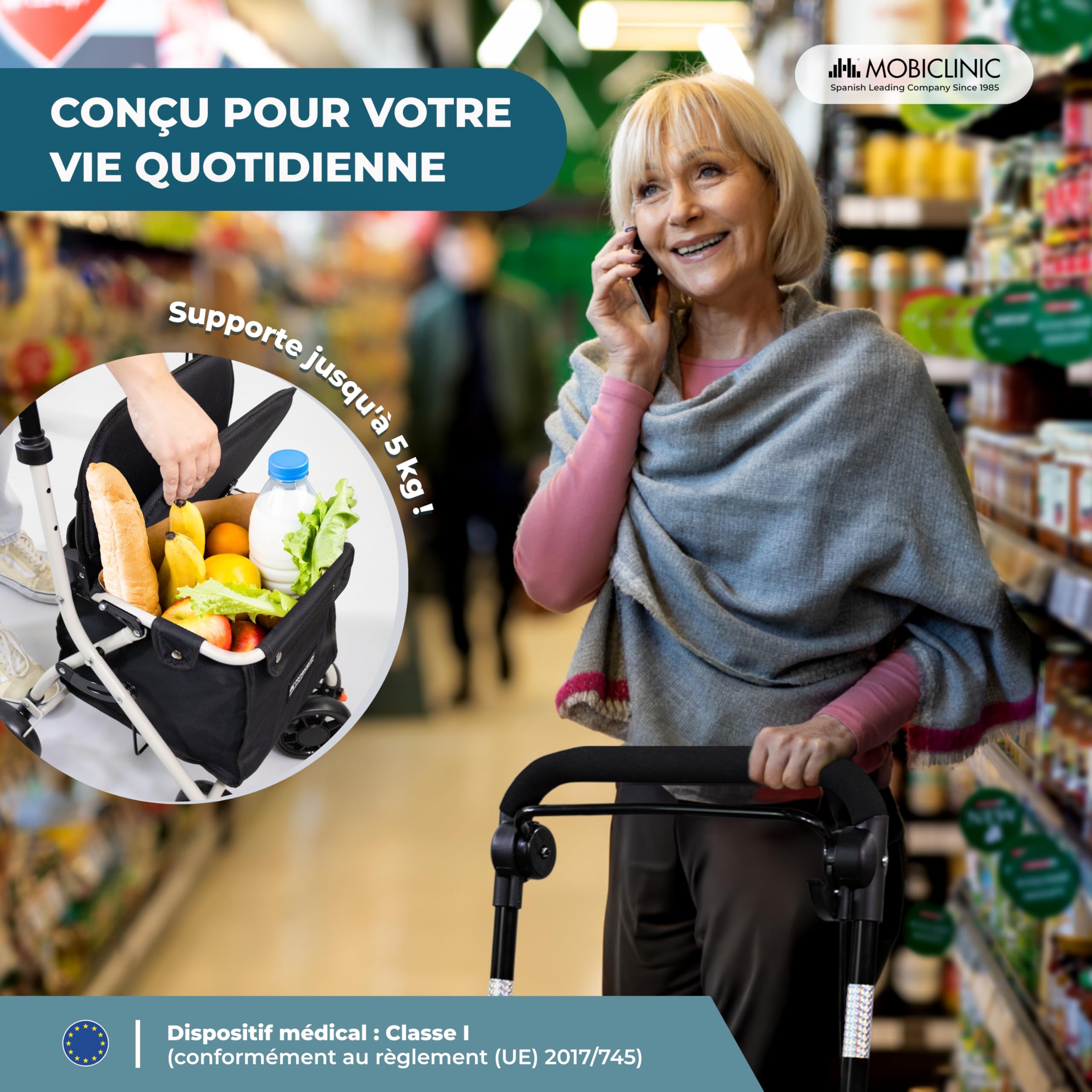 Mobiclinic®, Déambulateur pliant, Chariot de courses avec siège, 21 l, Coliseo, Marque europénne, Levier unique, Acier, Rembourré, Système freinage, Sac à provisions, Noir