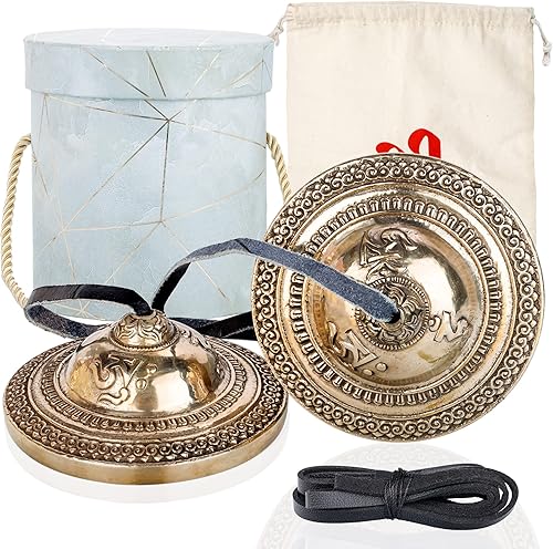ZenBless Platillos tibetanos Tingsha de 3.5 pulgadas, 2 piezas, con caja de almacenamiento y funda de tela, campanas de bronce sánscrito de
