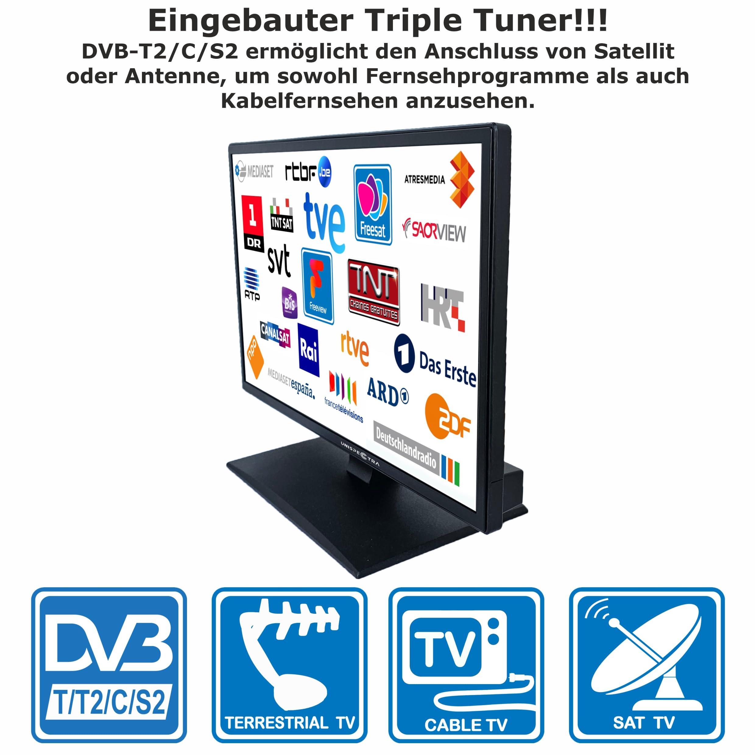Unispectra ® 22“ Smart TV (webOS) mit Magic-Fernbedienung Full HD 230V 24V Triple Tuner: Satellit, Antenne, Kabel TV. 12V Fernseher für Wohnmobile, Wohnwagen, LKWs, Boote