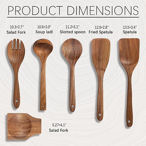 Miniatura 4 de 6 cucharas de madera para cocinar juego completo de utensilios con soporte para cuchara de madera entera y cuchara de sopa, espátula de madera para