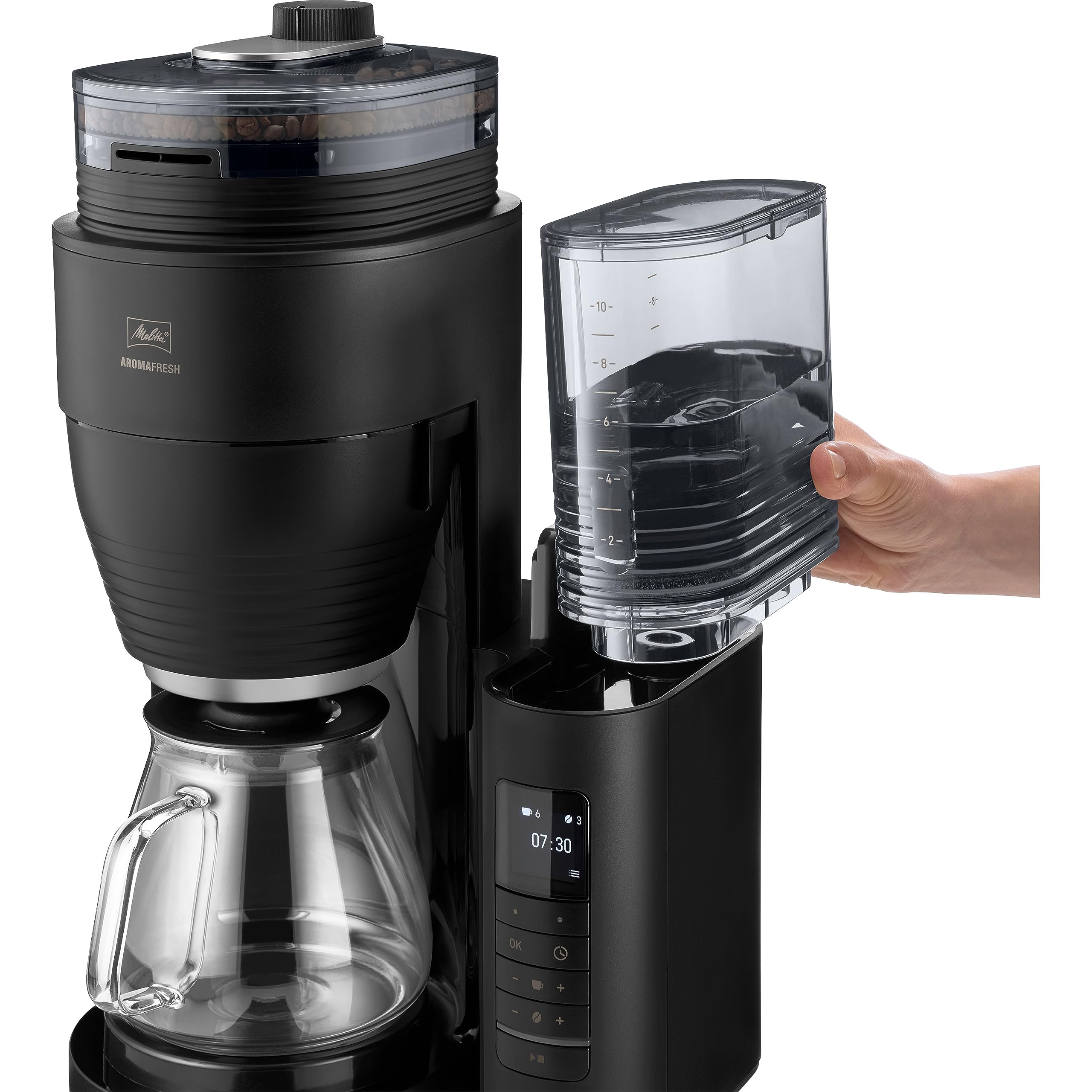 Melitta AromaFresh Pro X - Macchina da caffè con macina, macchina da caffè con filtro con caraffa in vetro e serbatoio dell'acqua rimovibile, per un massimo di 10 tazze di caffè, nero/argento