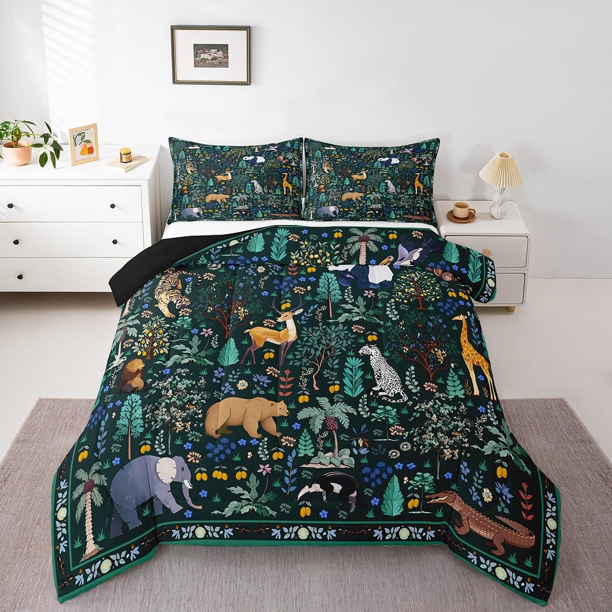 Feelyou Jungle ding Set for Kids Boys Girls Cabin Bear Tiger Deer Elephant Duvet Quilt Twin Size Cute Pada Leopard Woodland Green Botnaical Comforter Set with 1 Pillow Case Wild Animals Black 2Pcs