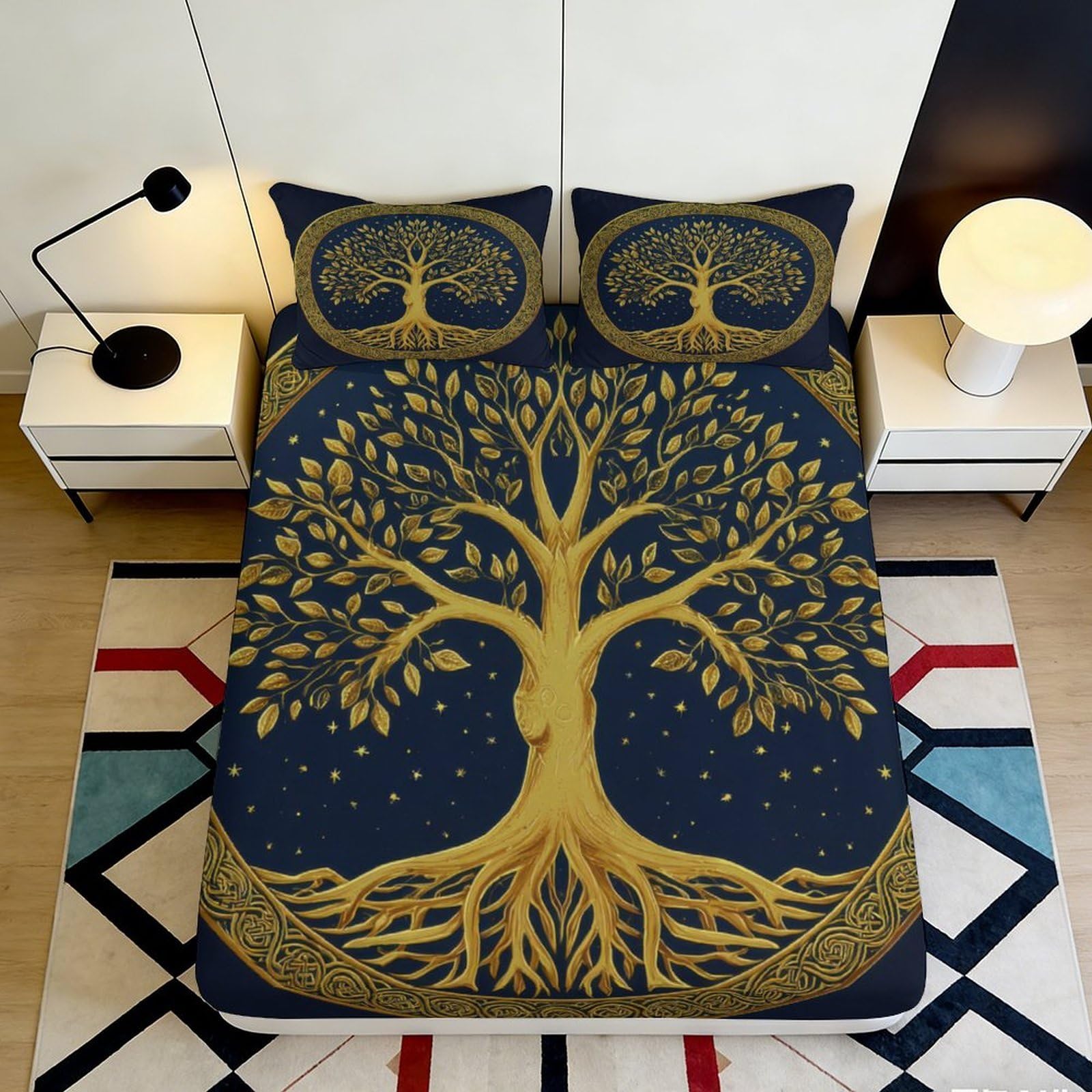 Uxinyoume Style-1 3D Printed Golden Tree Of Life Fitted Sheet Microfiber Non-Slip Bed Cover For Bedroom Dorm Decor Mattress Protection 90X200x25cm