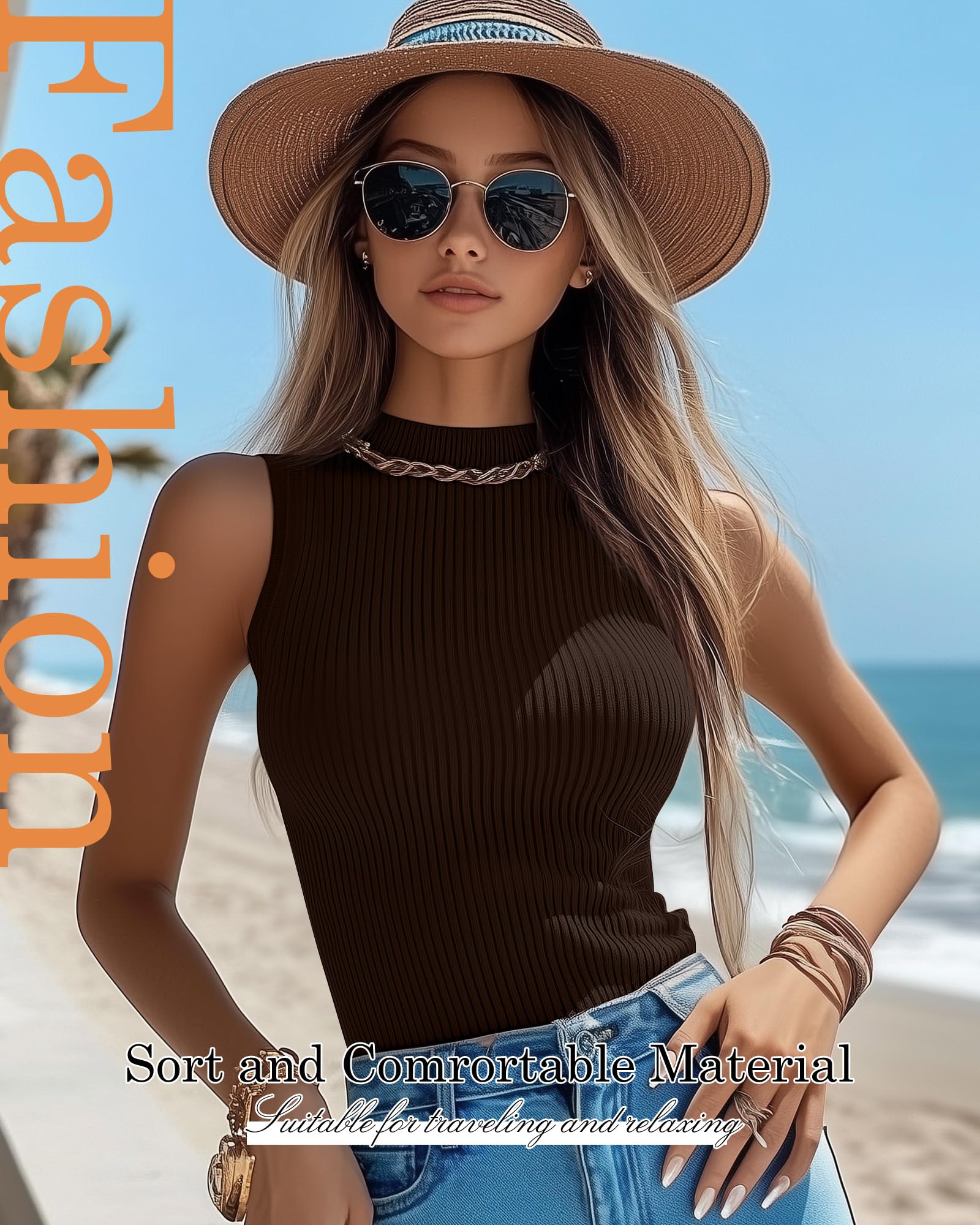 Lot de 3 Hauts sans Manches pour Femme : Cols Montants et Faux Cols, Débardeurs Côtelés Ajustés, T-Shirts Basiques