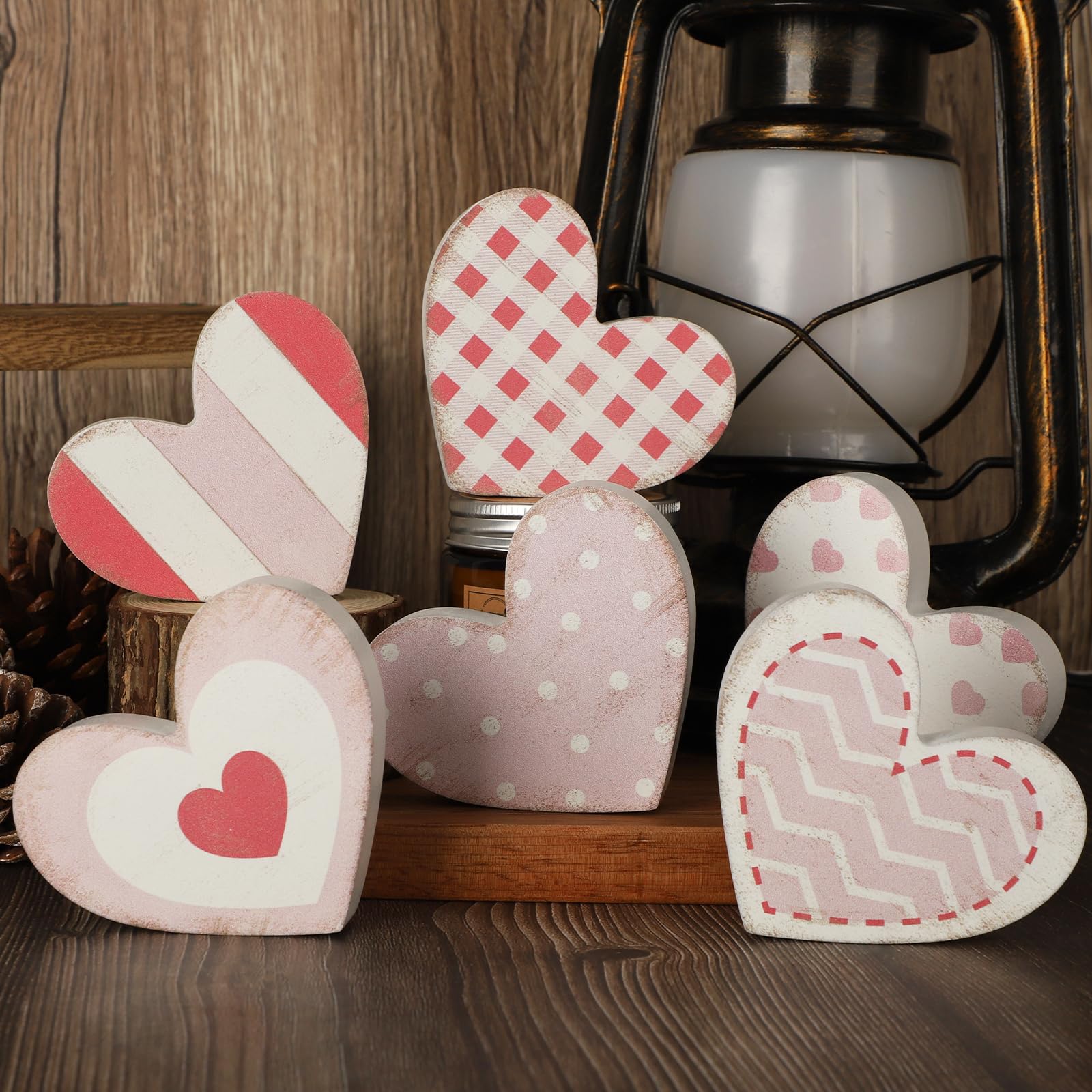 Lot de 6 cœurs en bois vieilli style rustique pour dîner aux chandelles