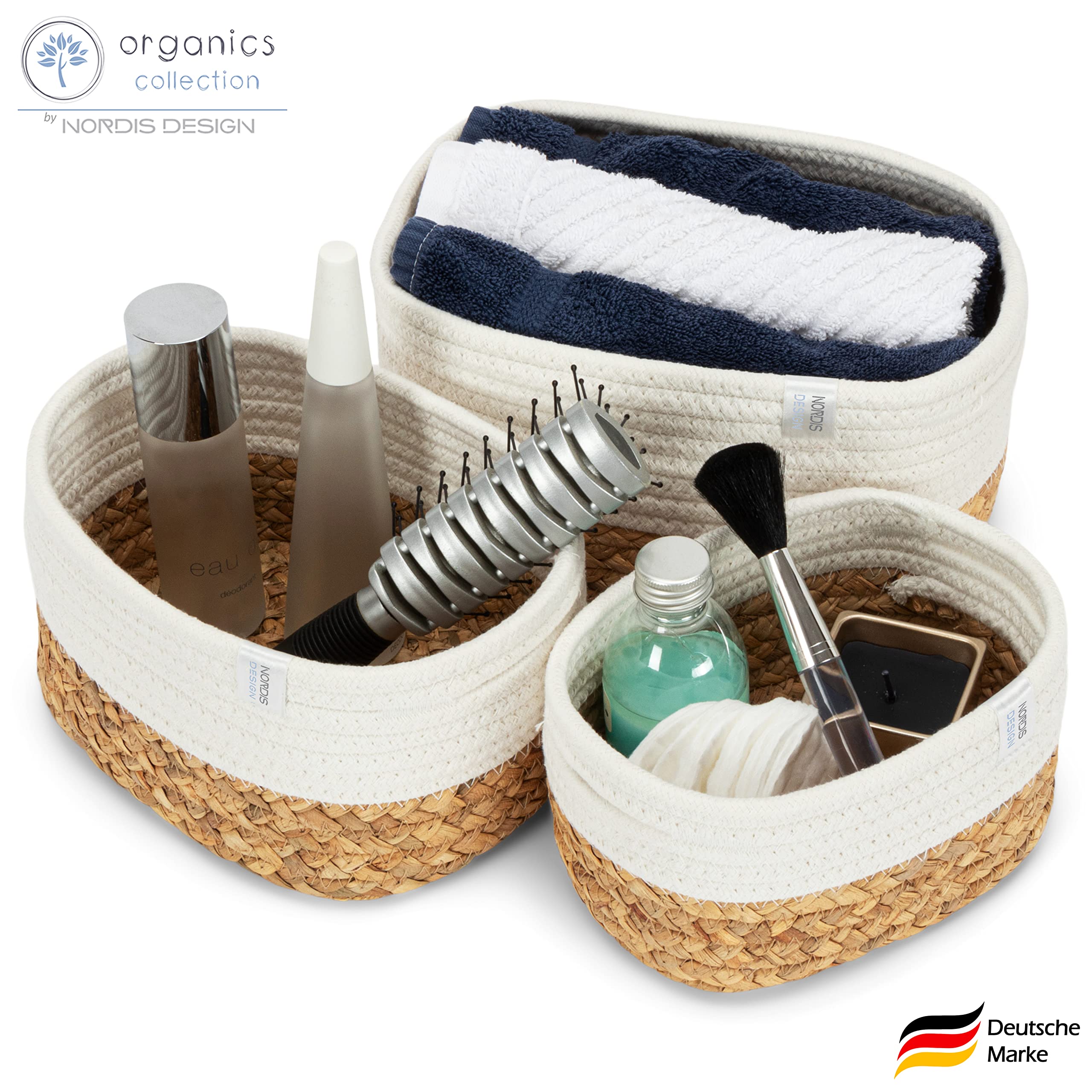 Aufbewahrungskörbe 3er Set aus Wasserhyazinthe und Baumwolle, Bad Aufbewahrungskorb geflochten als Badkorb zur Badezimmer Aufbewahrung & Bad Organisation creme-weiß