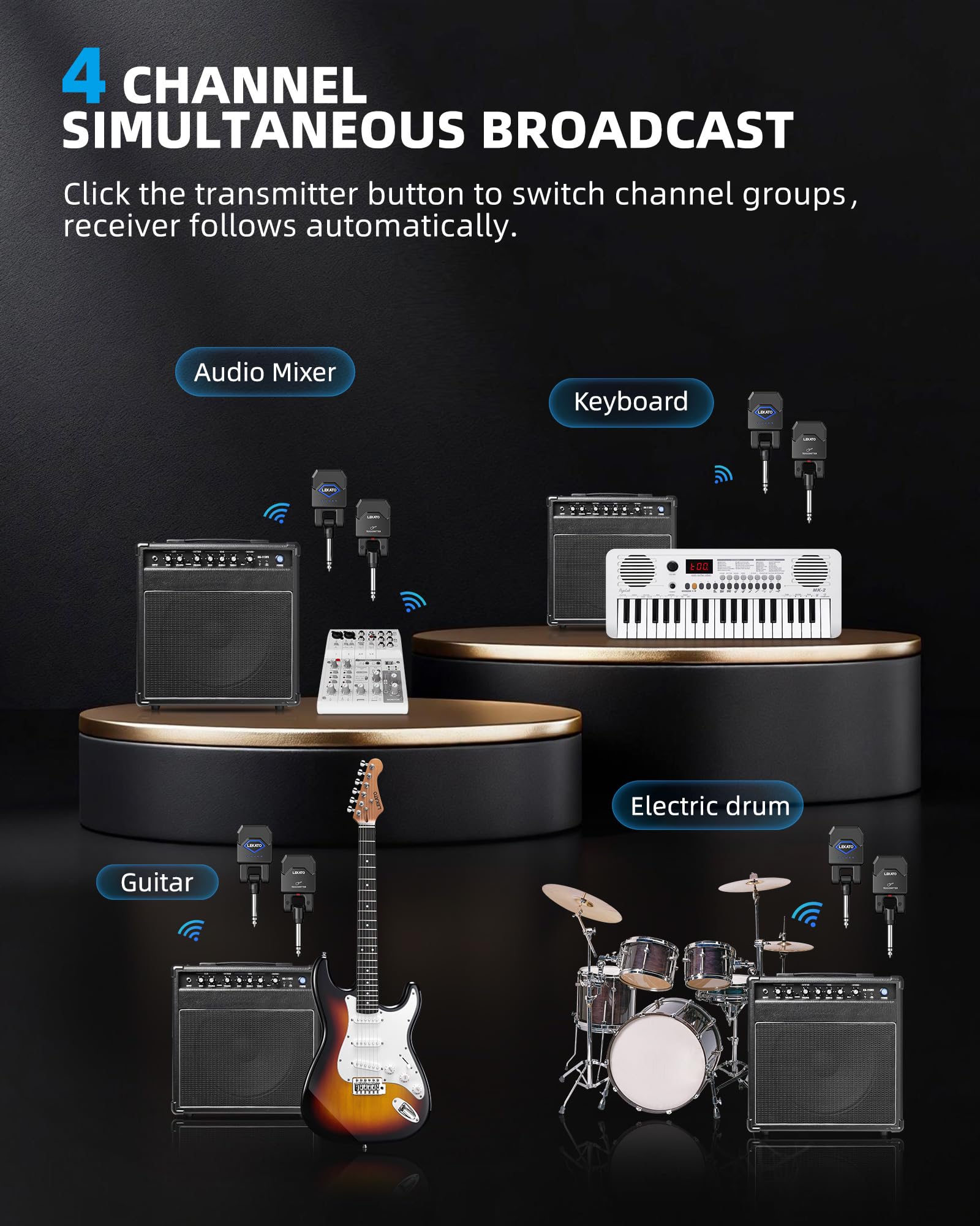 LEKATO Sistema de guitarra inalámbrico con estuche de carga, receptor transmisor de guitarra con 15 horas de reproducción, cable de bajo inalámbrico recargable con 4 canales para bajo de guitarra