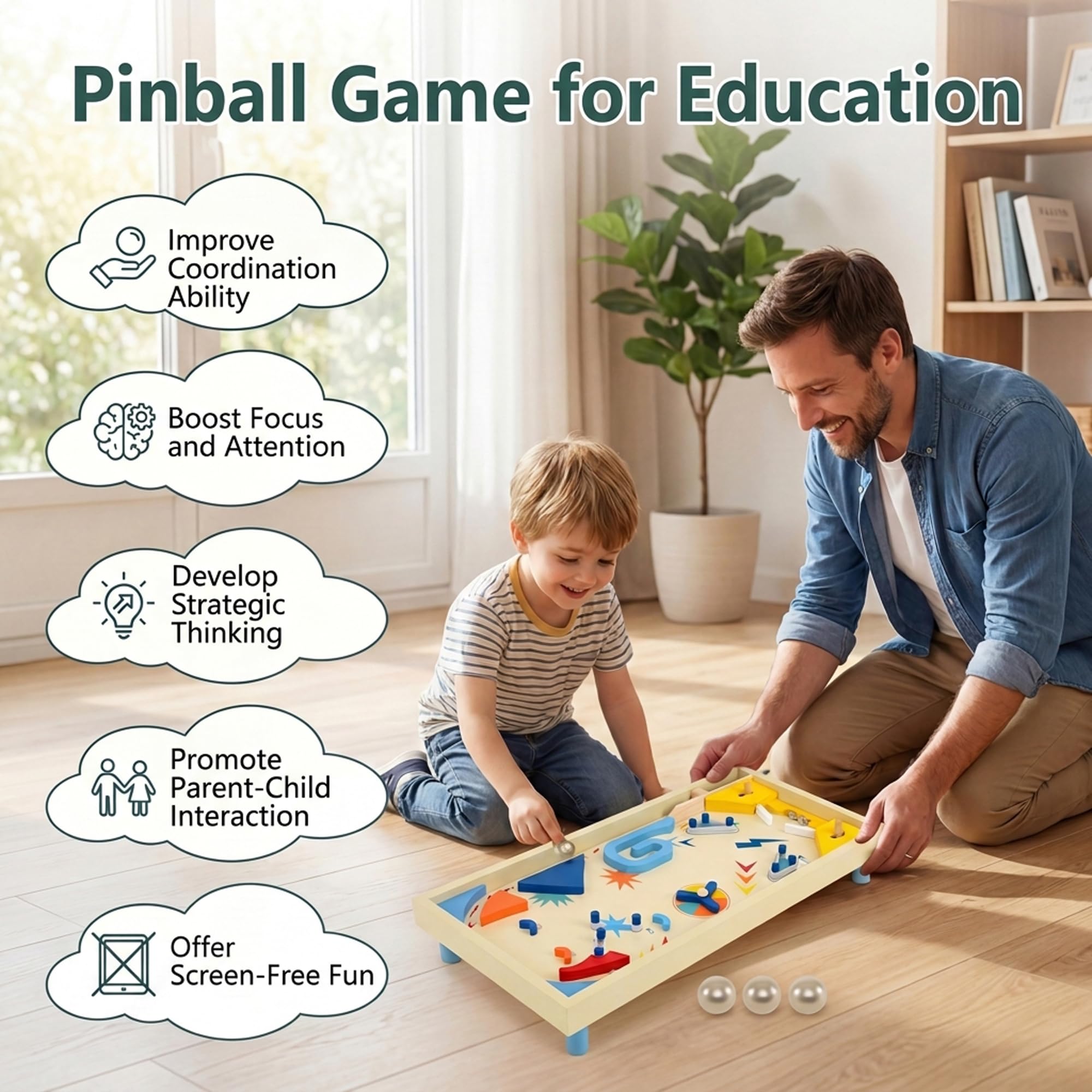 GOPLUS Flipper en Bois, Jeu de Société Enfant avec Piste Rotative & Score, Lanceur à Ressort, 2 Palettes, 3 Billes Métal, Pieds Amovibles, Développe Compétences Motrices pour Famille/Fêtes 6 Ans+