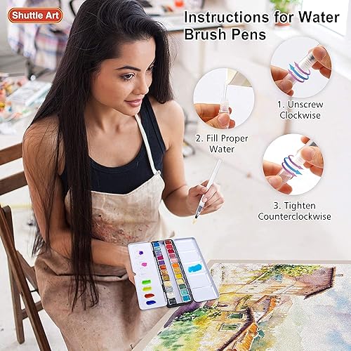 Miniatura 8 de Shuttle Art - Pinturas de acuarela metálicas, 24 colores de pintura de acuarela con purpurina en medias sartenes con pincel de agua, almohadilla de