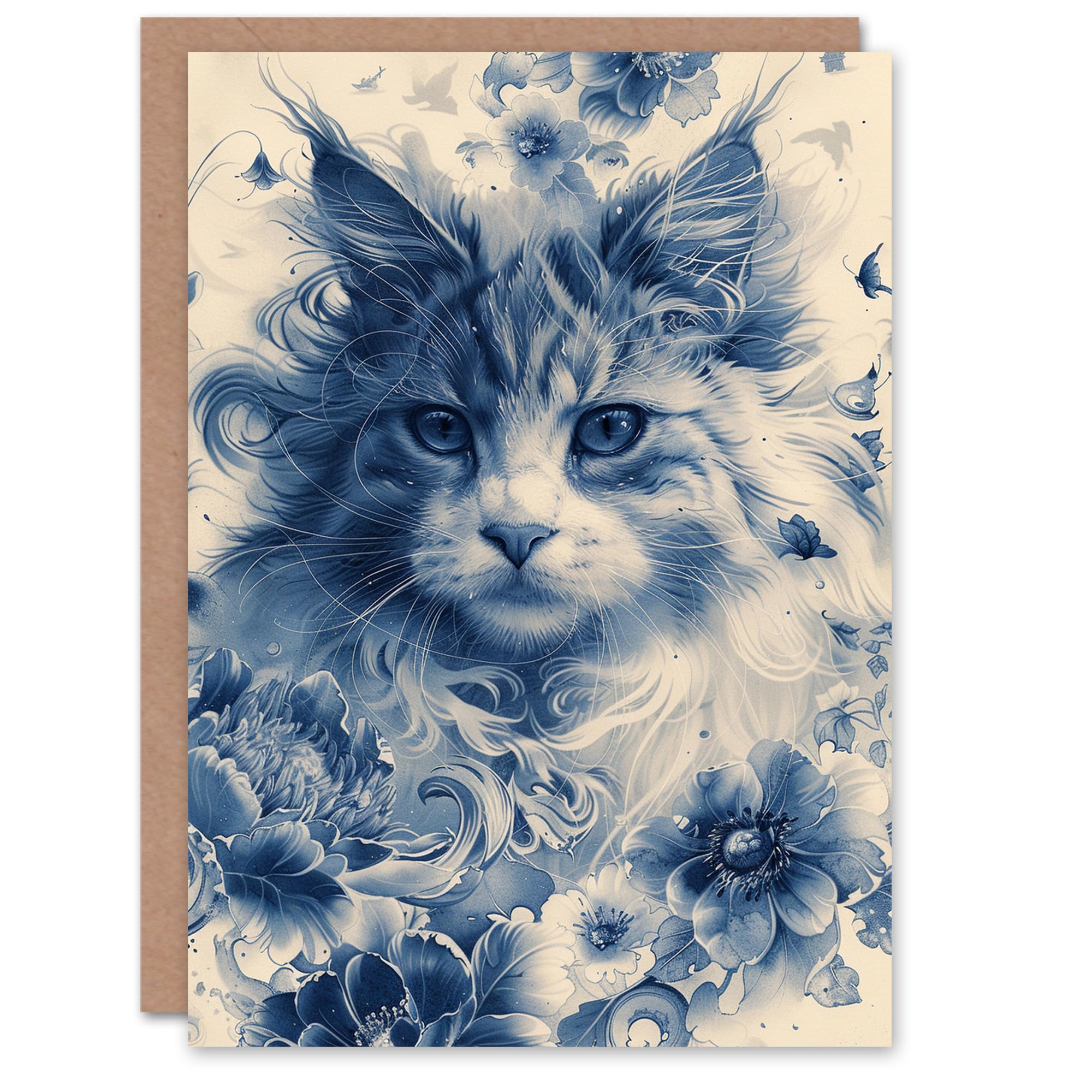 Birthday Card Cat Lover Maine Coon Blue Floral Chinese Pattern Greeting Card