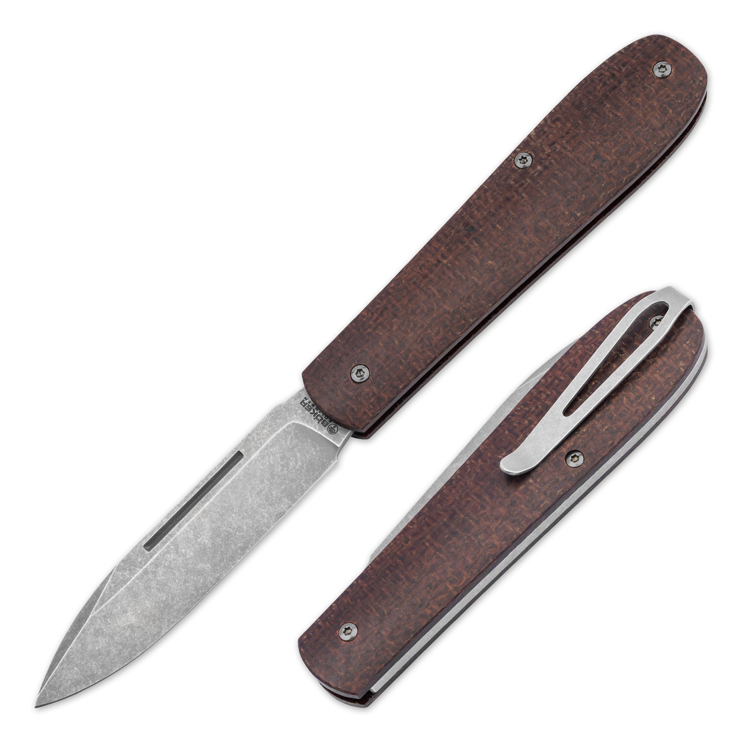 Böker SOLINGEN® Coffin Jute Micarta - handgefertigtes Taschenmesser 42a konform - EDC Zweihandmesser mit extra scharfer 8 cm MagnaCut Klinge - Premium Slipjoint Klappmesser mit Micarta Griff & Etui