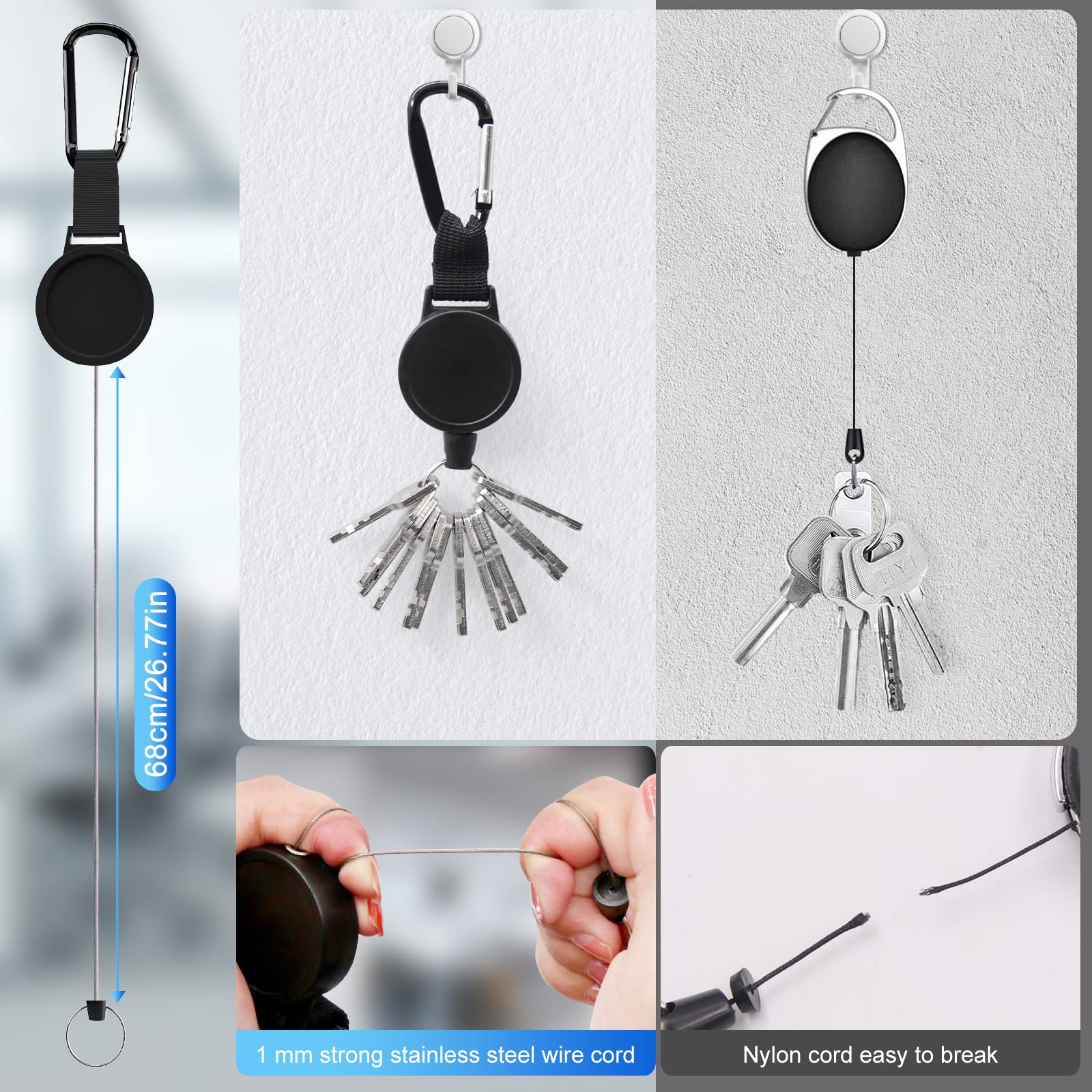 BiaoGan Heavy Duty Retractable Badge Reel with Carabiner Holder, Steel Cord, 68cm Length, 7.0 oz (6), Black - Image 4