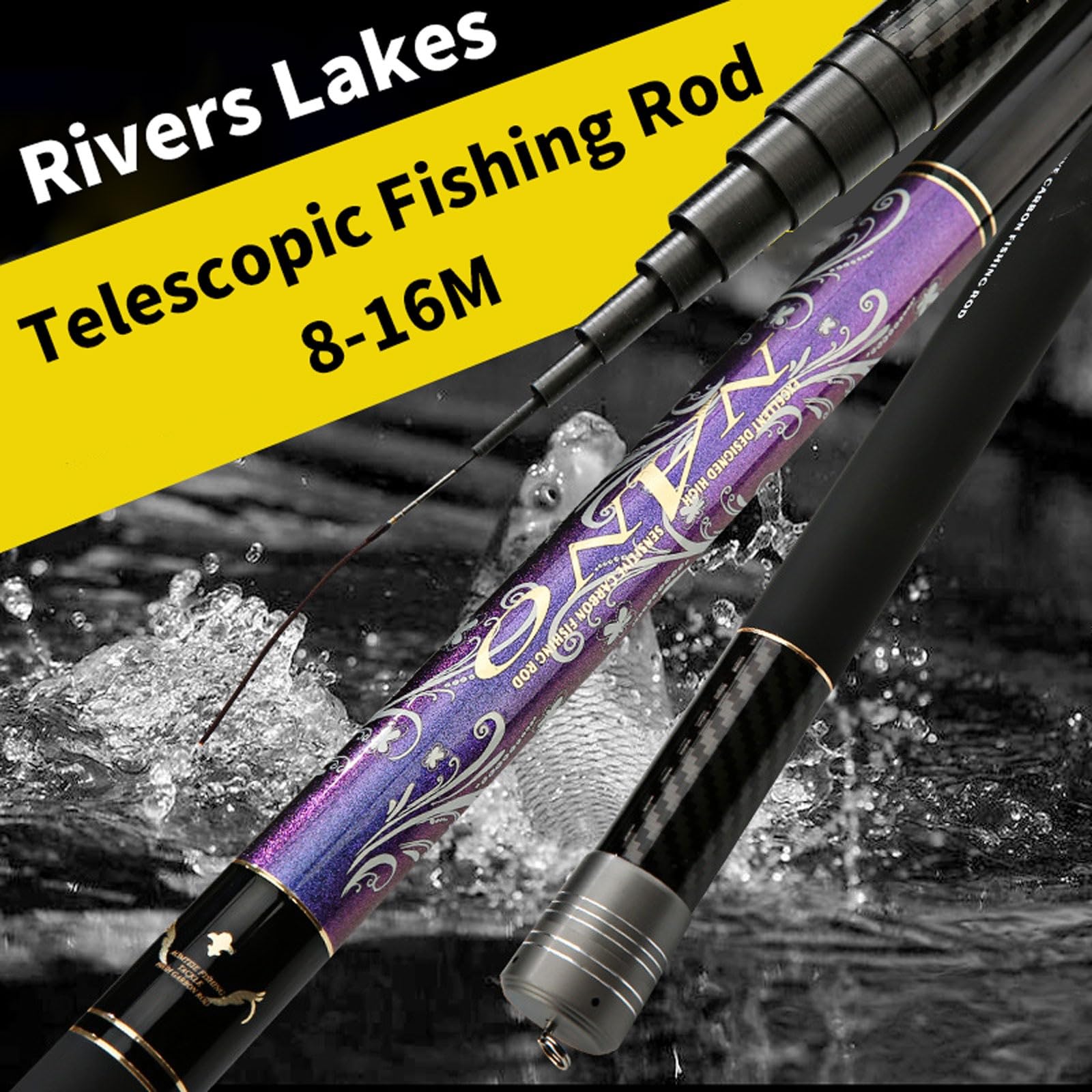 Canna da Pesca telescopica in Carbonio 8m-16m Ultra Resistente Ultraleggera Canna da Pesca da Viaggio Canna da Pesca Lago canne da Pesca alla Carpa Adatto a fiumi Laghi torrenti(12m)