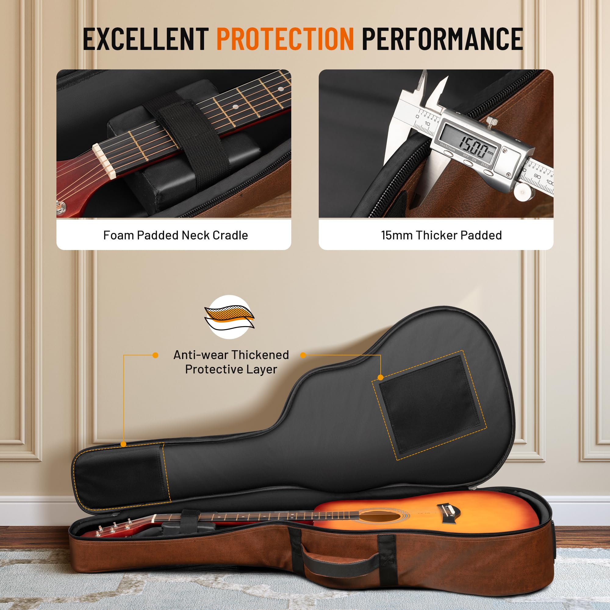 CAHAYA Housse de Guitare Acoustique en polyuréthane: Imperméable avec Rembourrage Respirant 15 mm - Double Fermeture éclair - pour Guitare 40 à 42 Pouces Marron