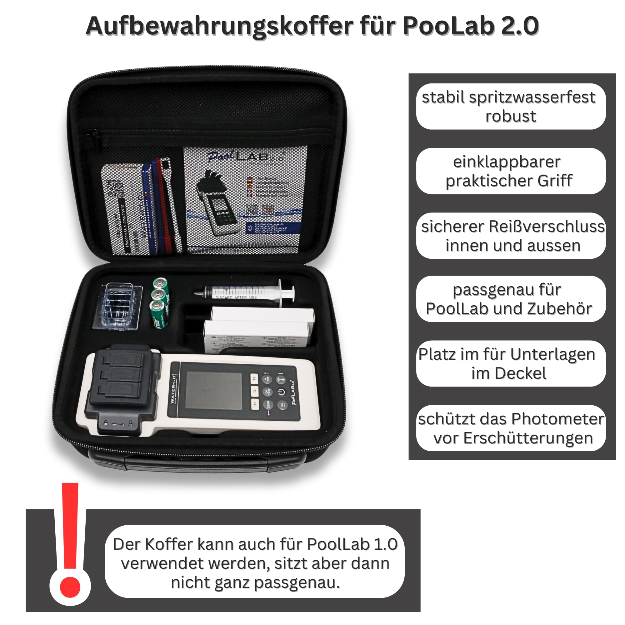 Custodia vuoto per PoolLAB 2.0, accessorio originale, pratica borsa per il trasporto con molto spazio per il dispositivo, per accessori e reagenti, resistente agli spruzzi, 25,0 x 20,5 x 8,5 cm